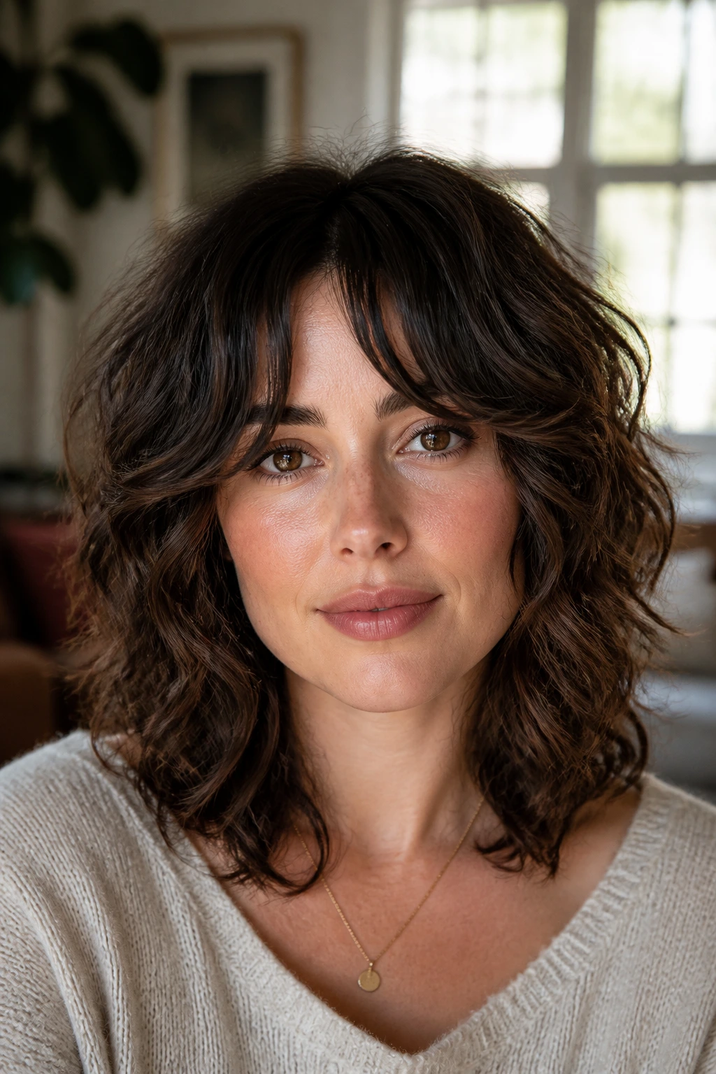 Close-up portrait of a woman with shoulder-length shag and center-part curtain bangs in warm natural light