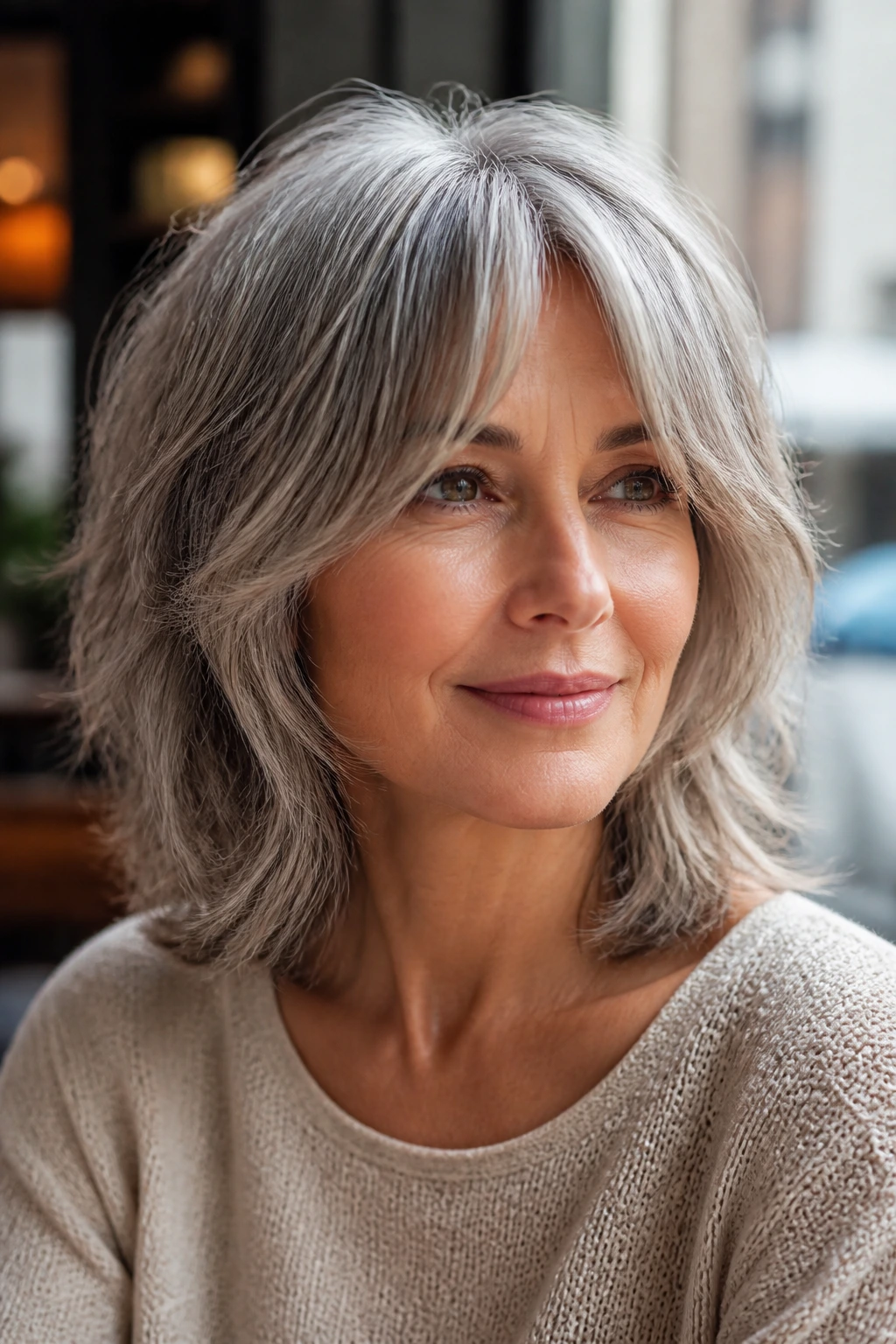Real woman with shoulder-length shag and curtain fringe