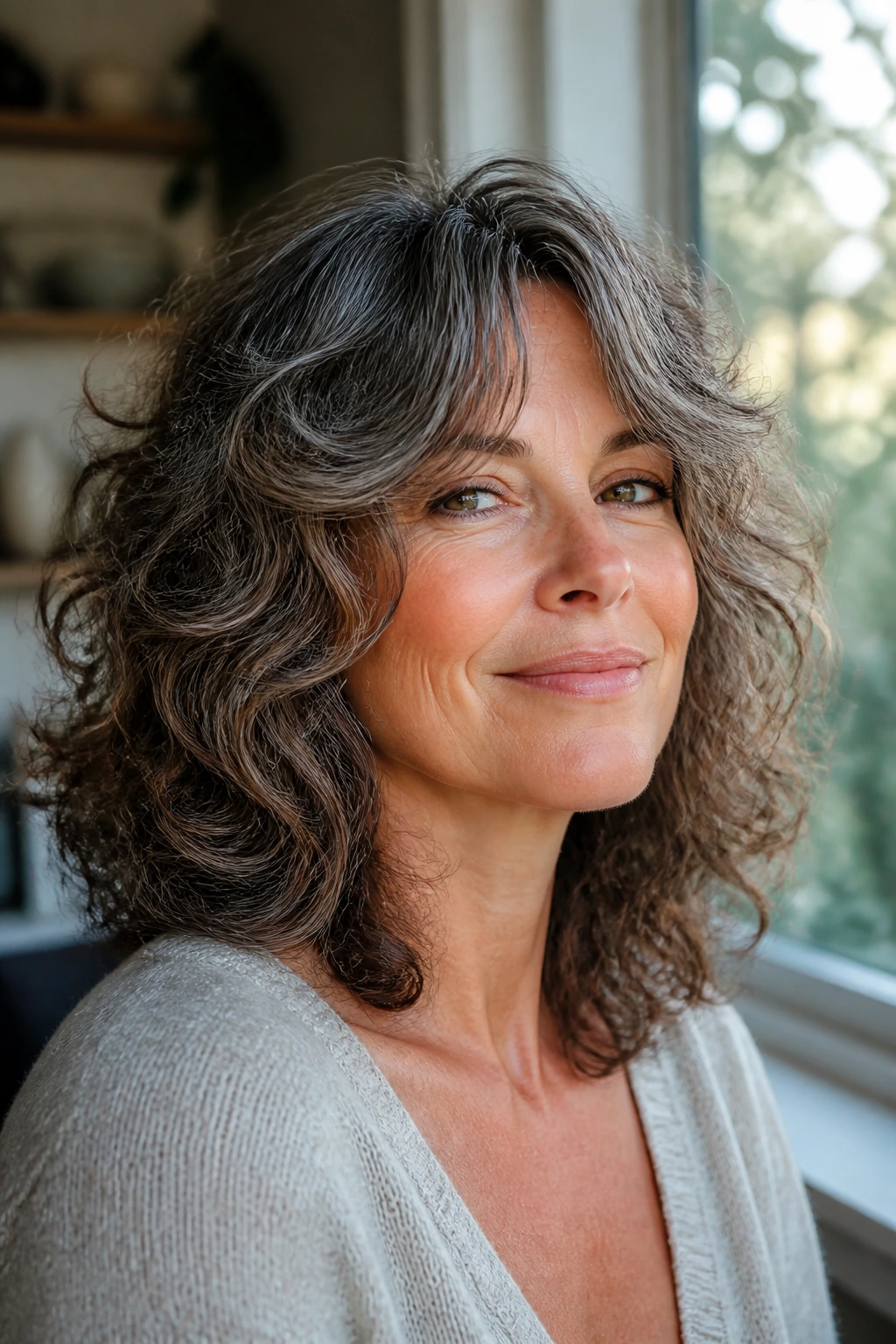 Close-up portrait of shoulder-length curly shag with curtain pieces framing the face.