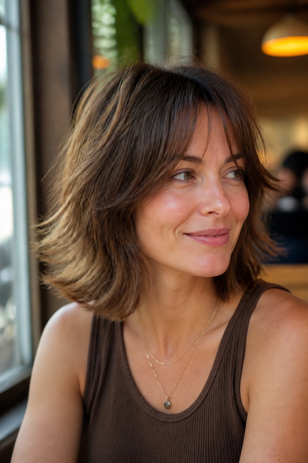 Portrait of a woman with shoulder-length shag and flipped ends by a cafe window.