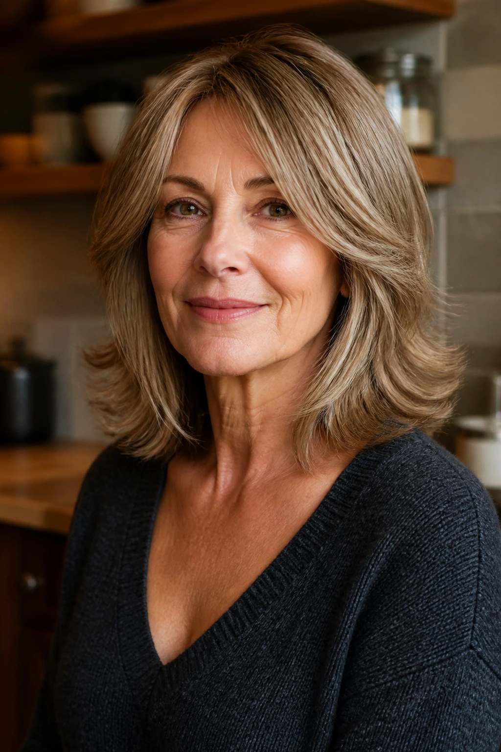 Portrait of a woman with shoulder-length shag and flipped-out ends