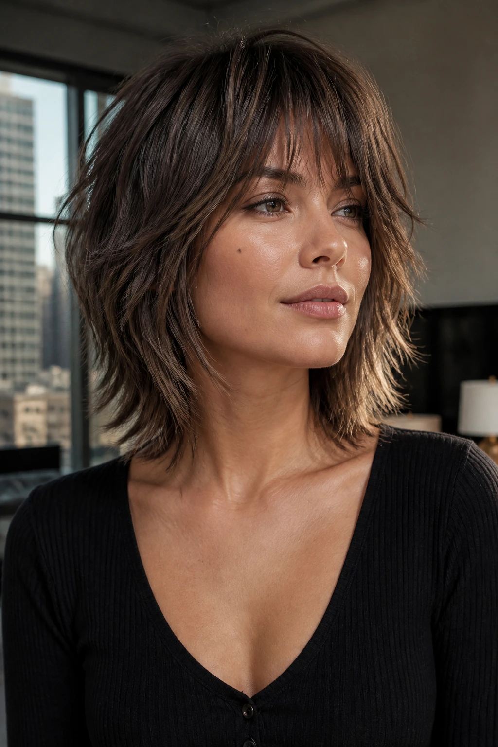 Real woman with shoulder-length shag showing textured layers.