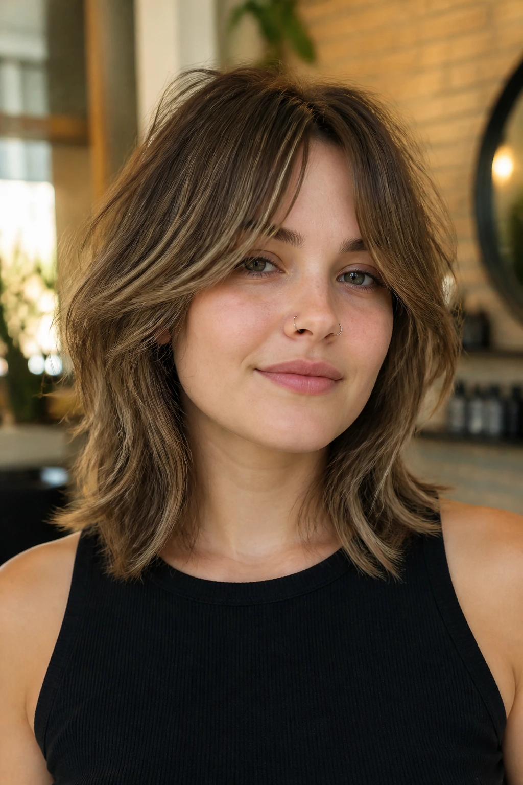Close-up portrait of a real woman with shoulder-length shag showing internal weight removal on a round face