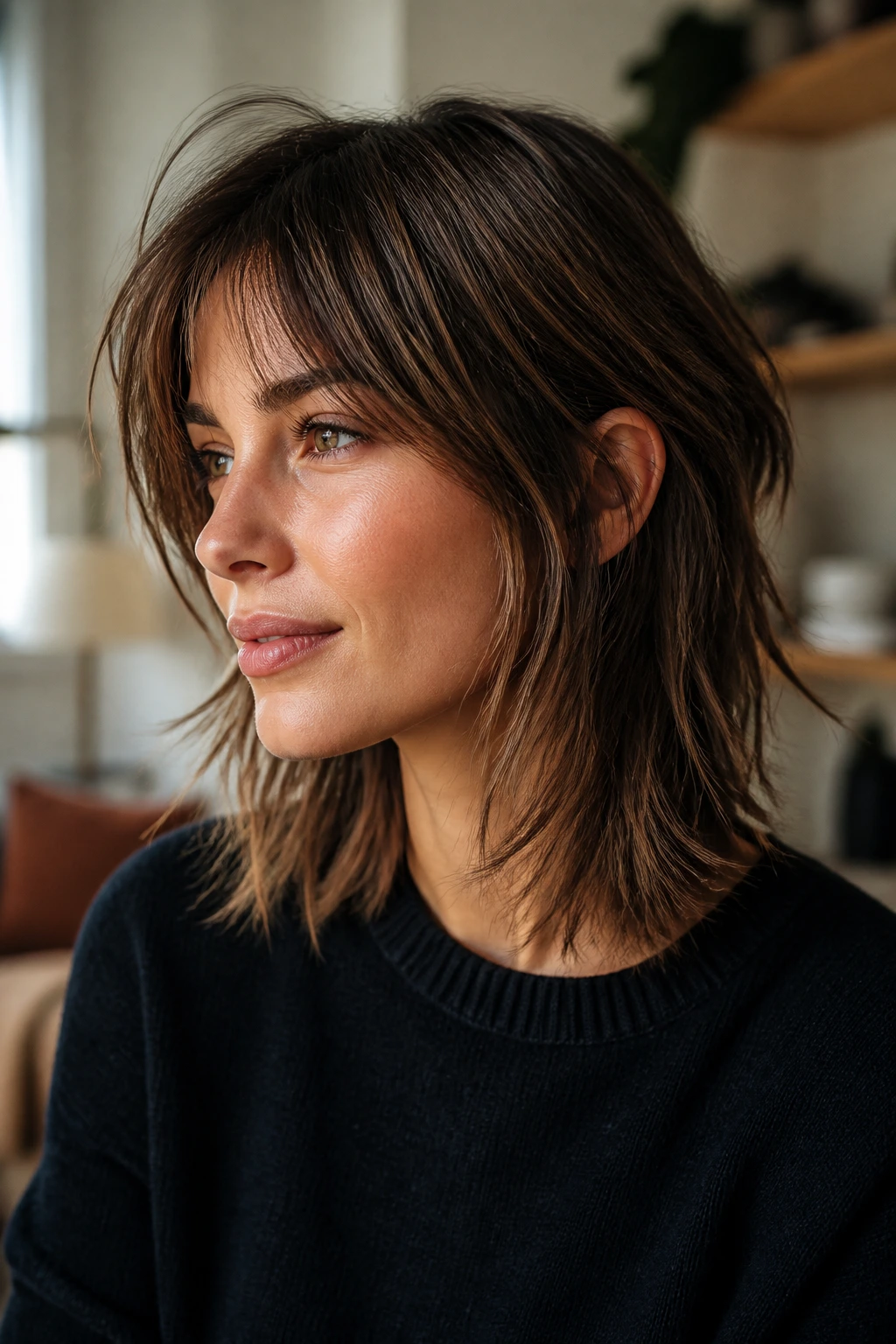 Close-up portrait of a real woman with shoulder-length piecey shag in natural window light