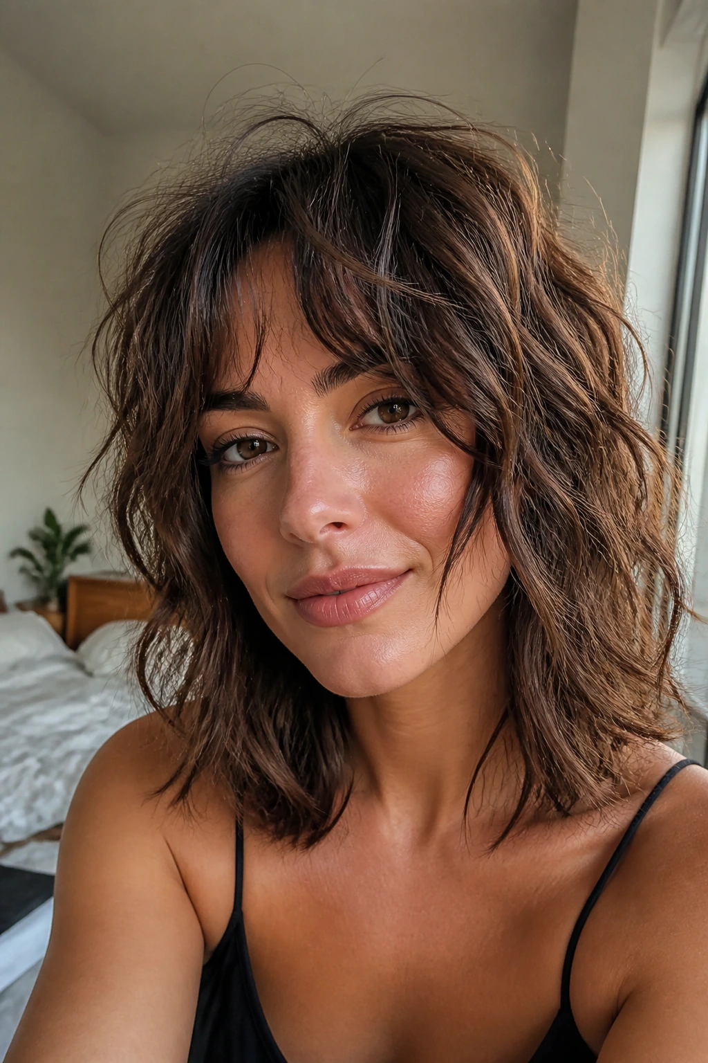 Close-up of a real woman with shoulder-length shag and piecey texture in warm light