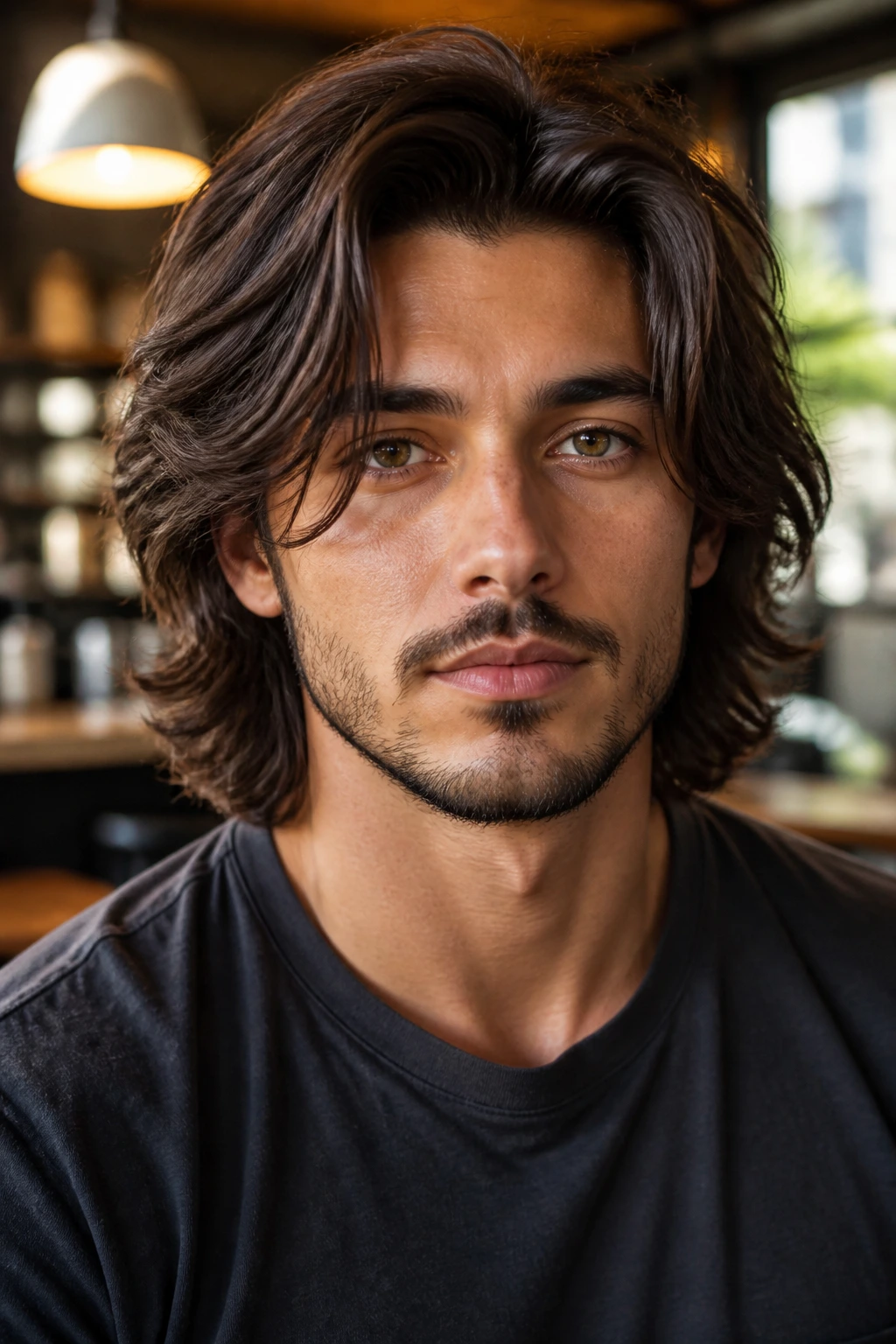 Portrait of a man with shoulder-length shag and a clean finish in a cafe setting