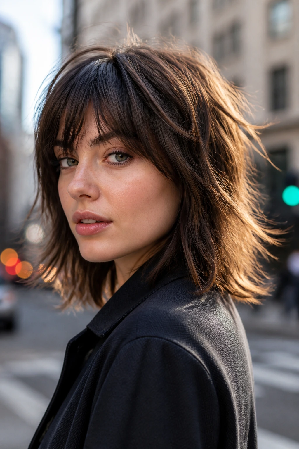 Close-up portrait of a real person with Shoulder-Length Choppy Shag on an urban street