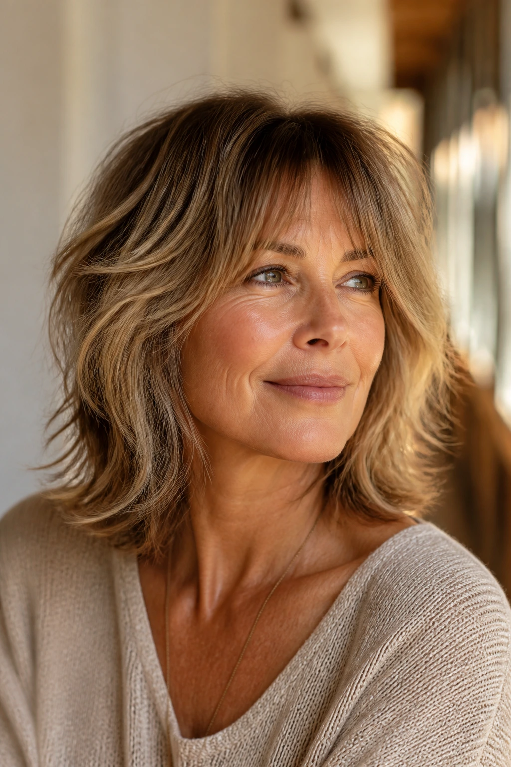 Real woman with shoulder-length shag haircut and soft texture
