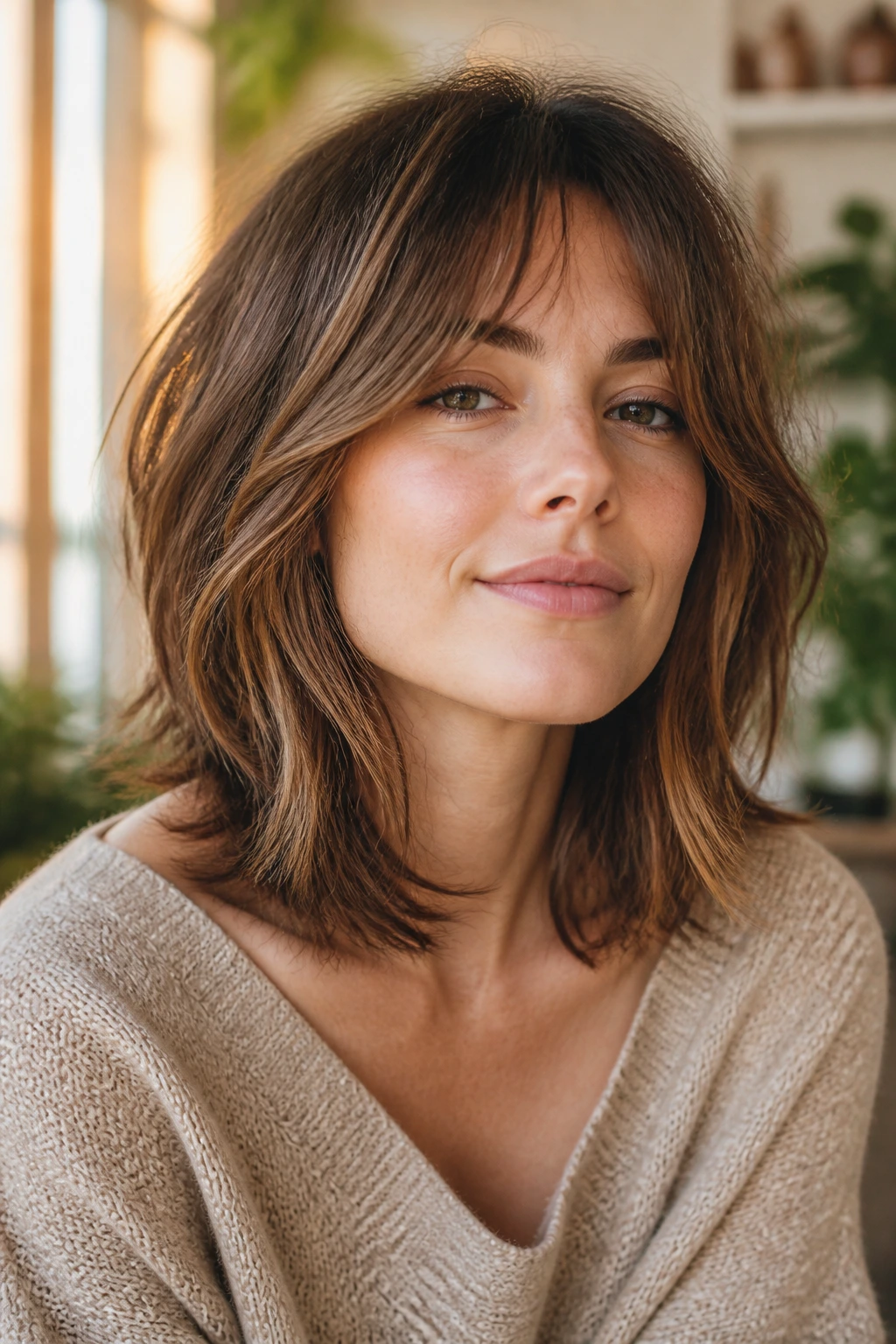 Real woman with shoulder-length shag featuring crown layers in warm light