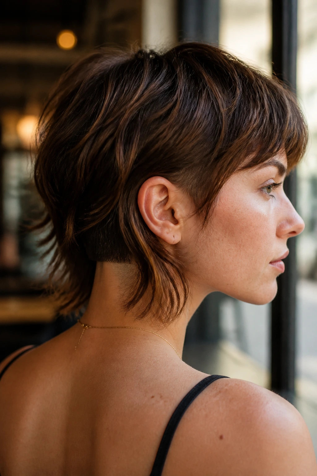 Portrait of a shoulder-length shag with blunt nape undercut