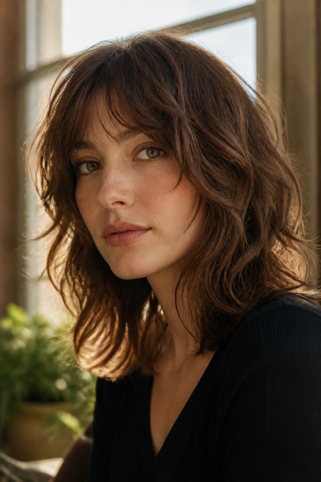 Portrait of a real woman with shoulder-length waves styled in a shag cut in natural light