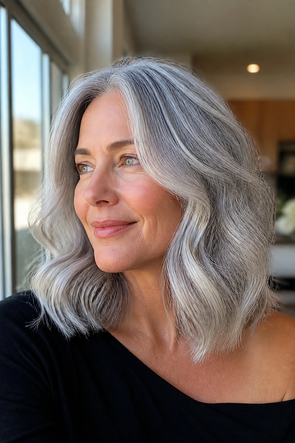 Close-up of a woman with shoulder-length silver hair color ideas