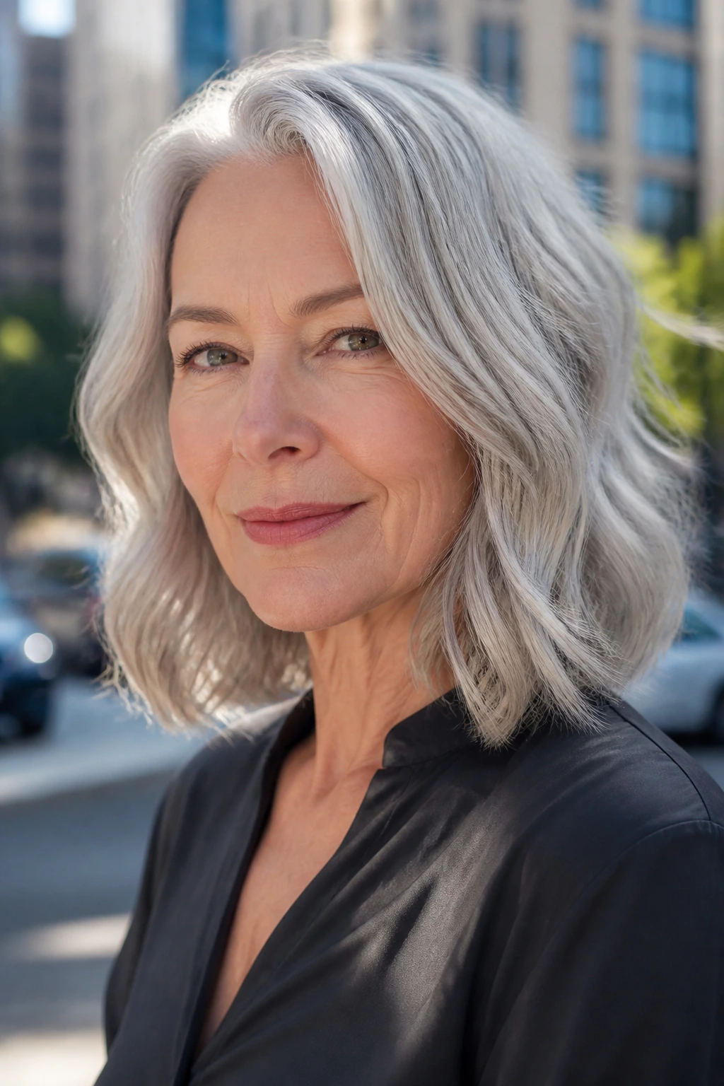 Portrait of a person with shoulder-length silver hair in natural daylight