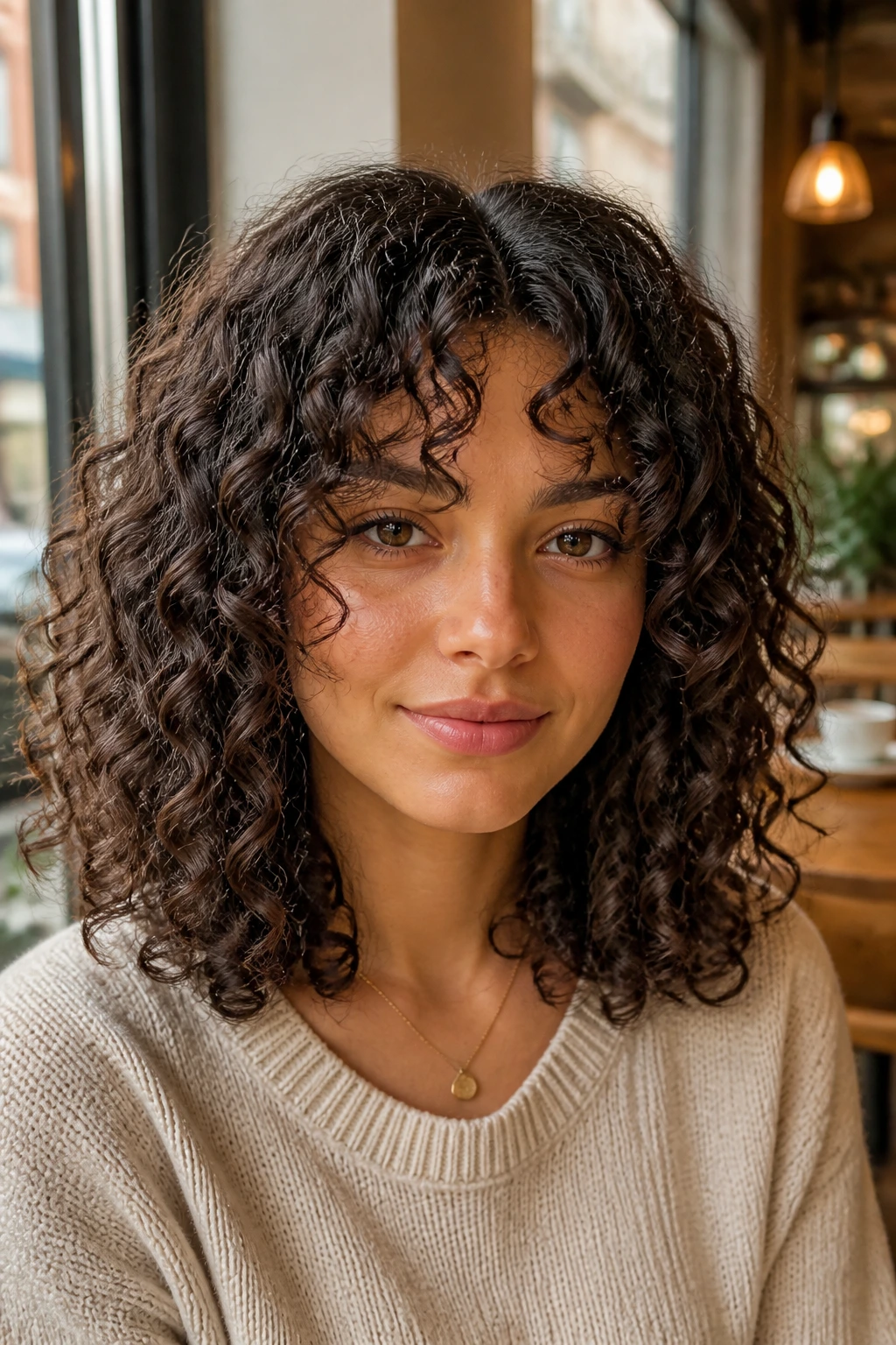 Close-up of shoulder-length spiral curls with a split fringe.