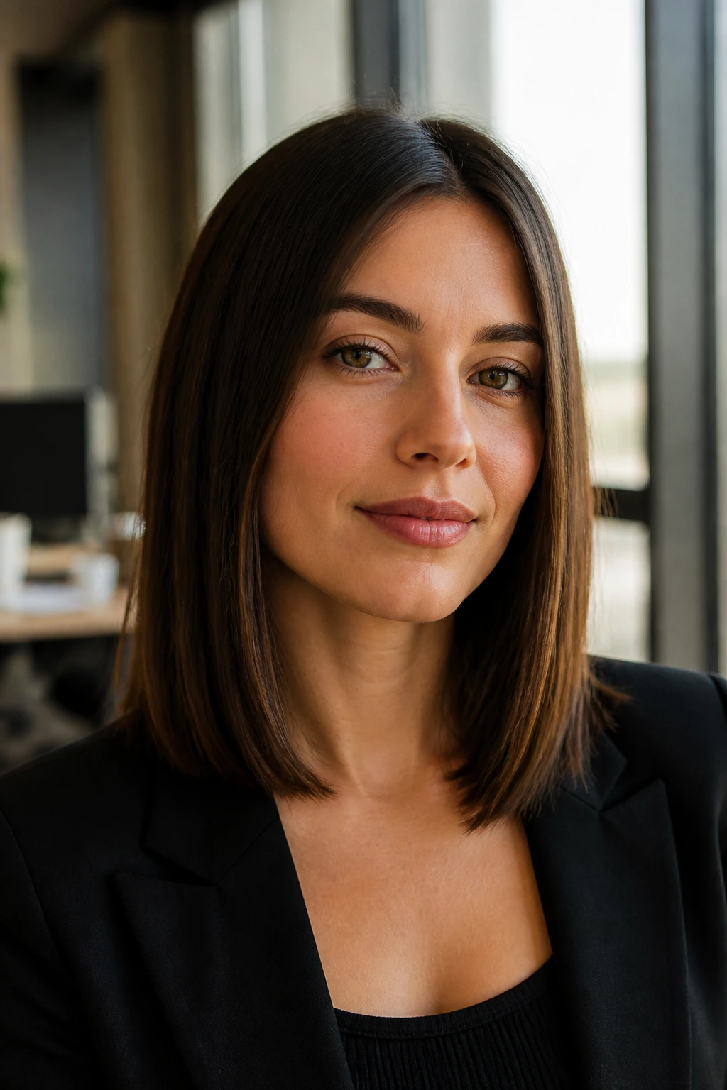 Close-up portrait of a real person with shoulder-length straight hair and crisp collarbone ends in an office setting