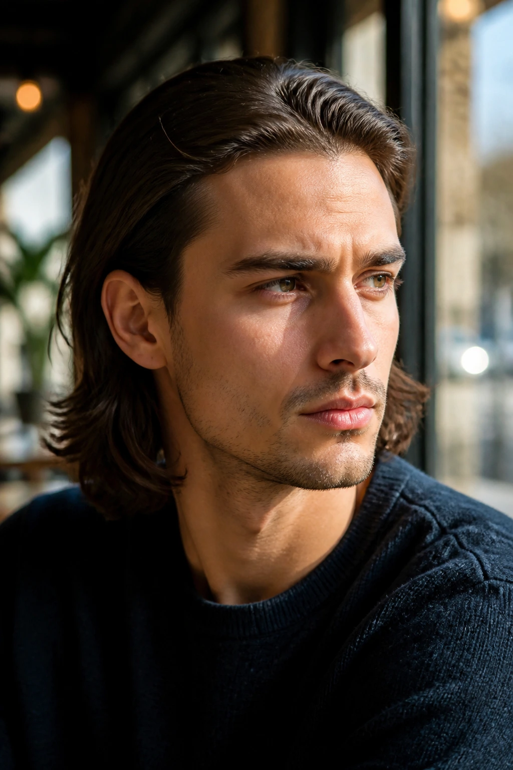 Man with shoulder-length hair tucked behind the ear, jawline visible under natural light