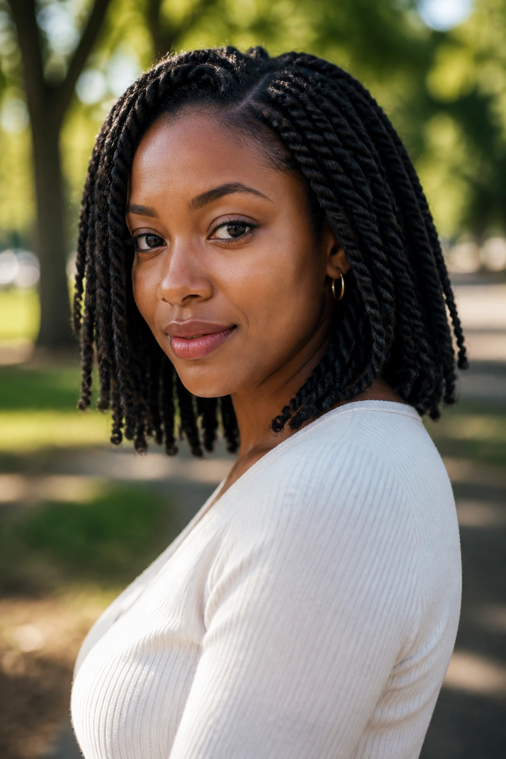 Portrait of a real person with shoulder-length medium twists in natural outdoor light