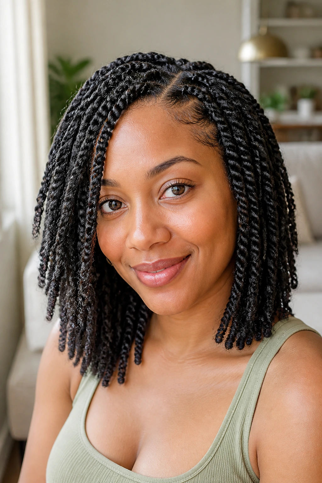 Portrait of a woman with shoulder-length passion twists