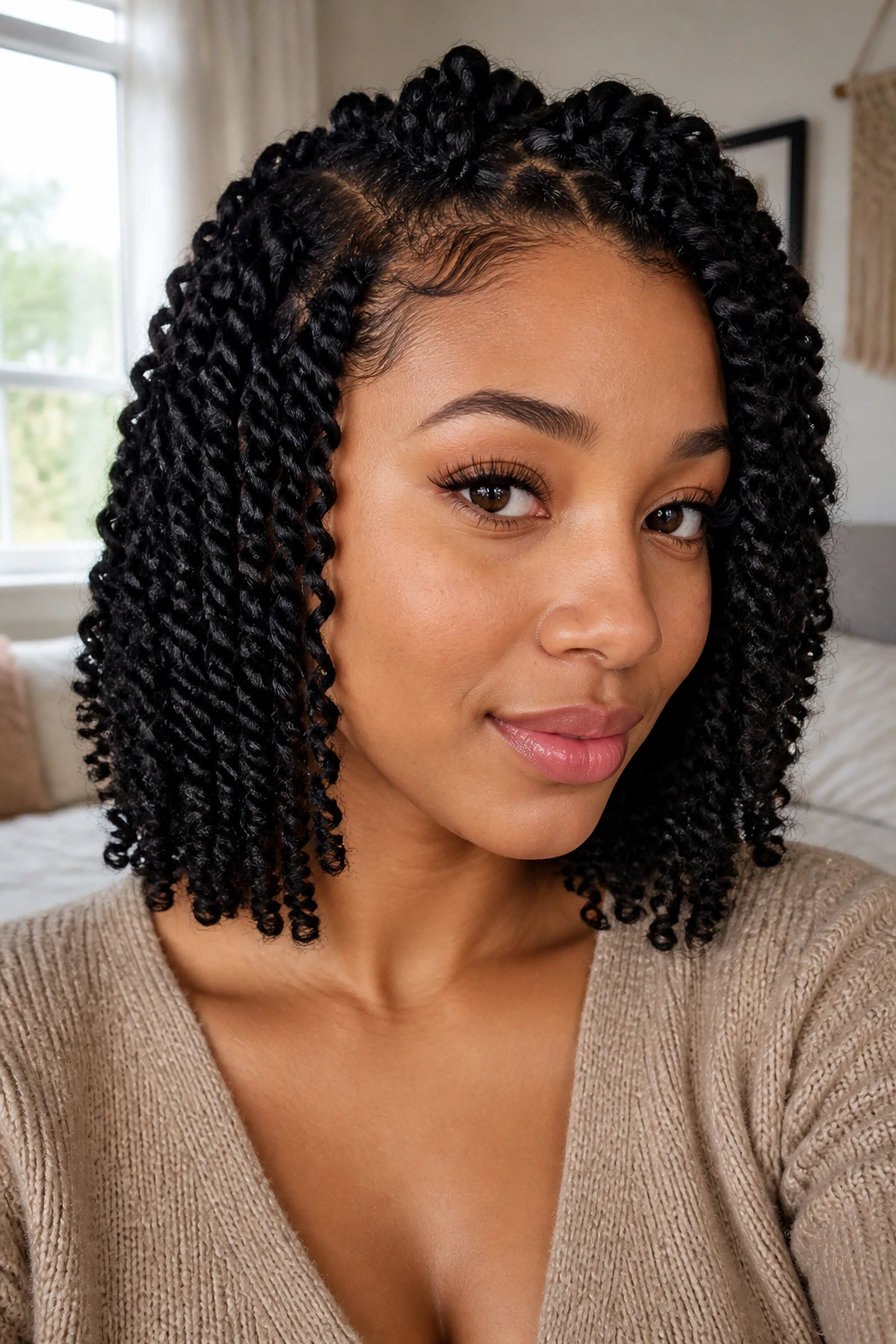 Close-up of a real woman with shoulder-grazing spring twists in a cozy bedroom