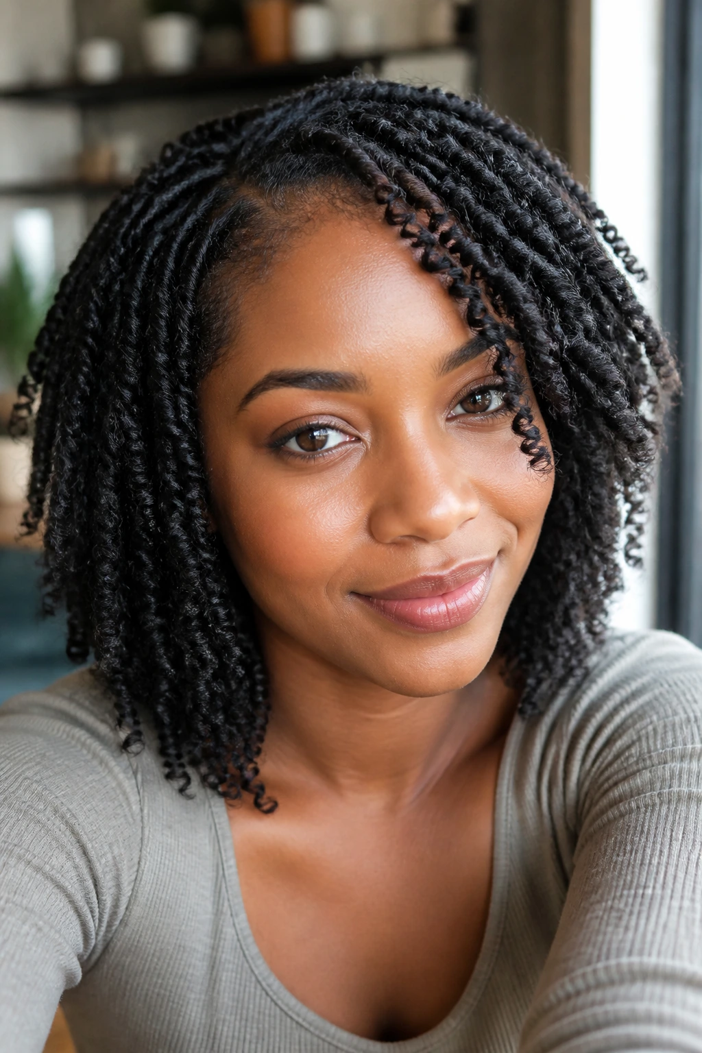 Close-up of a real woman with shoulder-length spring twists illustrating the medium-length advantage