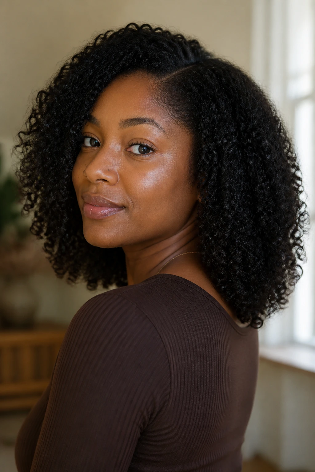 Close-up of a real Black woman with shoulder-length U-shaped cut