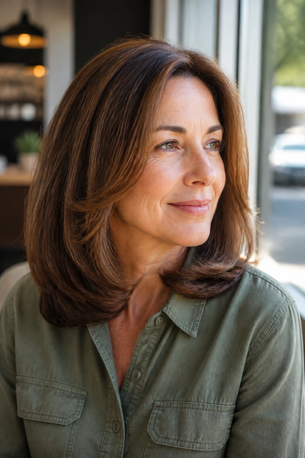 Portrait of a woman with shoulder-length U-shaped haircut.