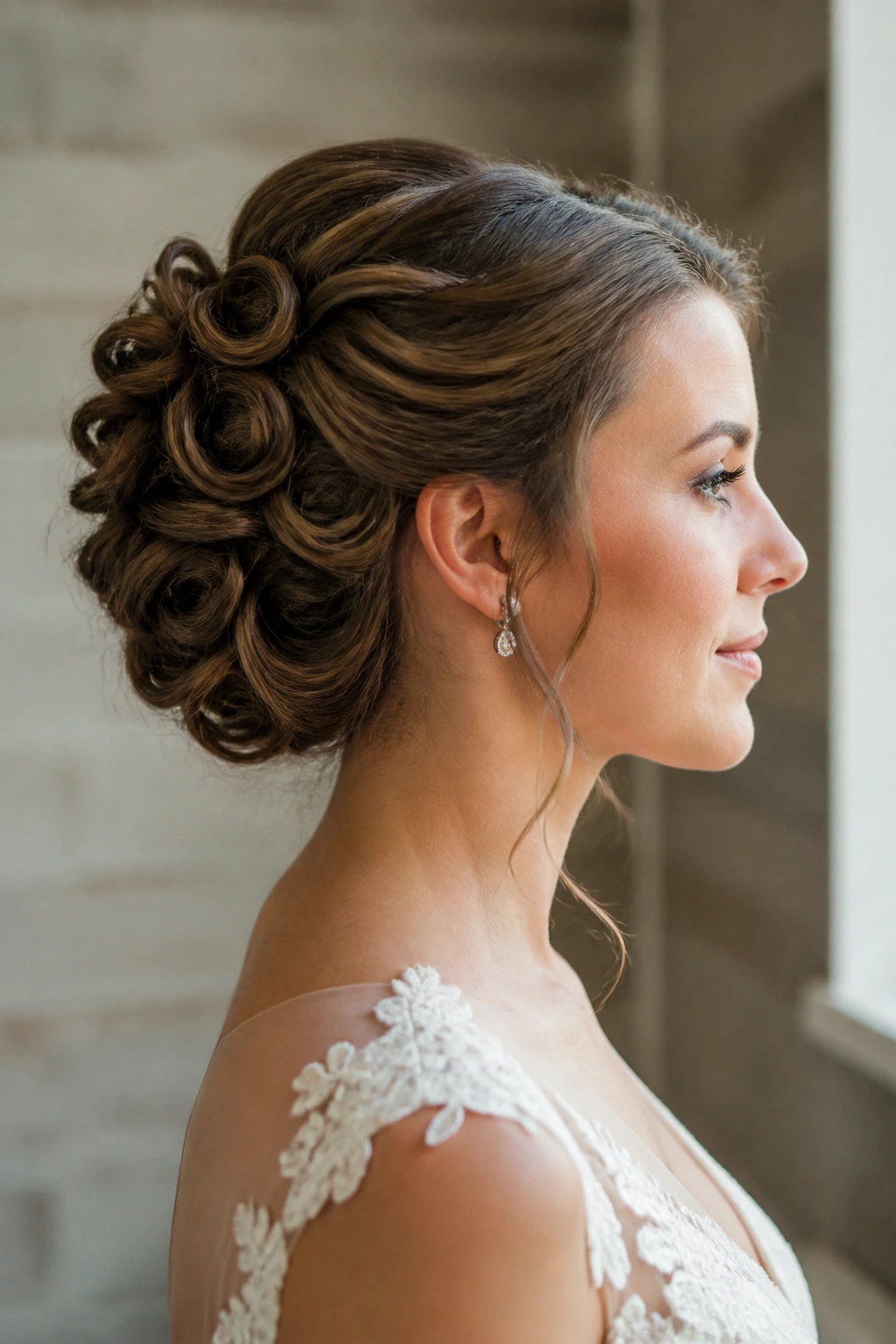 Bride with shoulder-length pin-and-roll updo; side profile