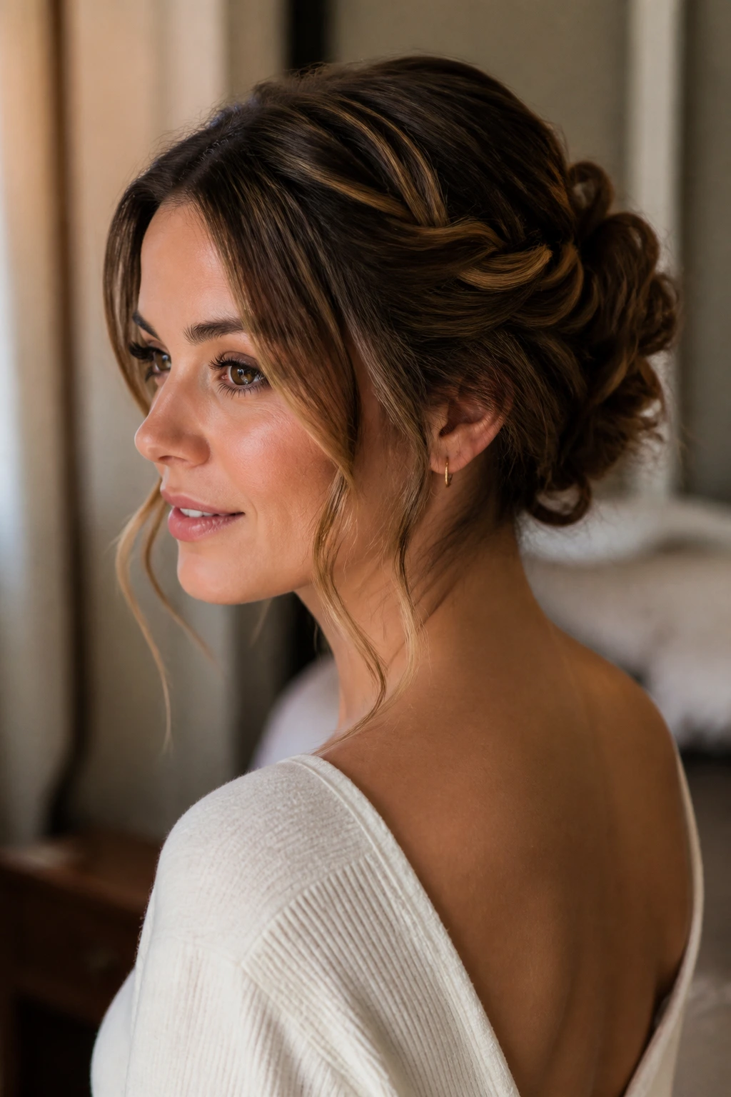 Portrait of a woman with shoulder-length hair styled in an updo showing lift and clean silhouette.