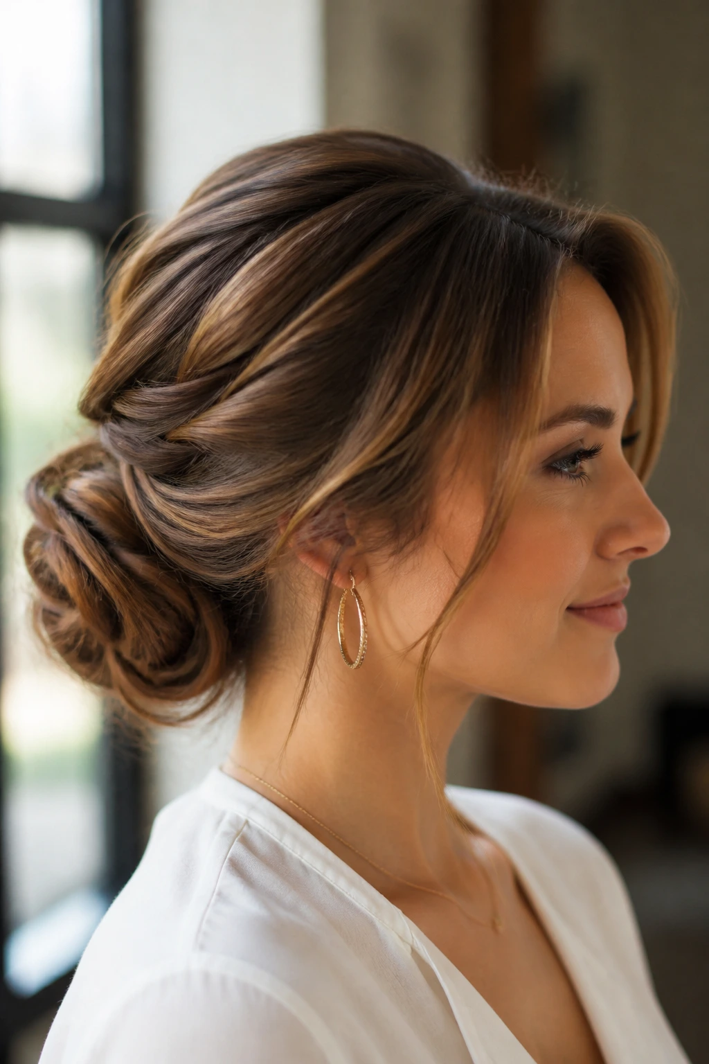 Close-up portrait of a real woman with shoulder-length hair in an elegant updo