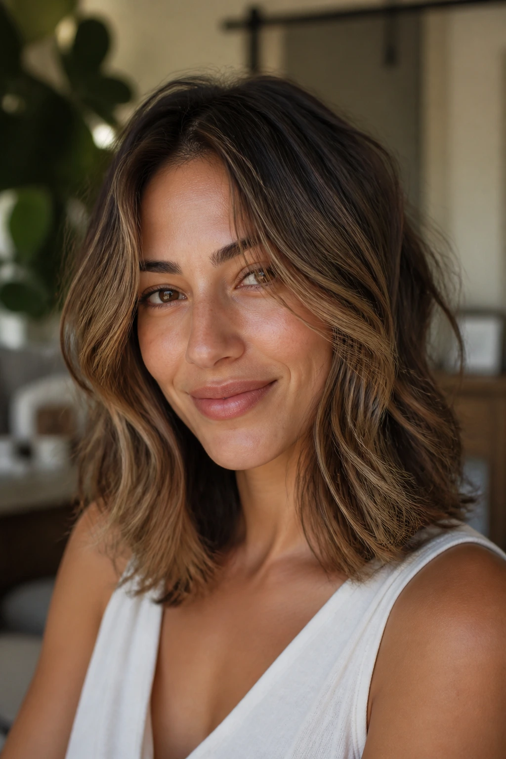 Real person with shoulder-length hair showing soft layers and gentle curl
