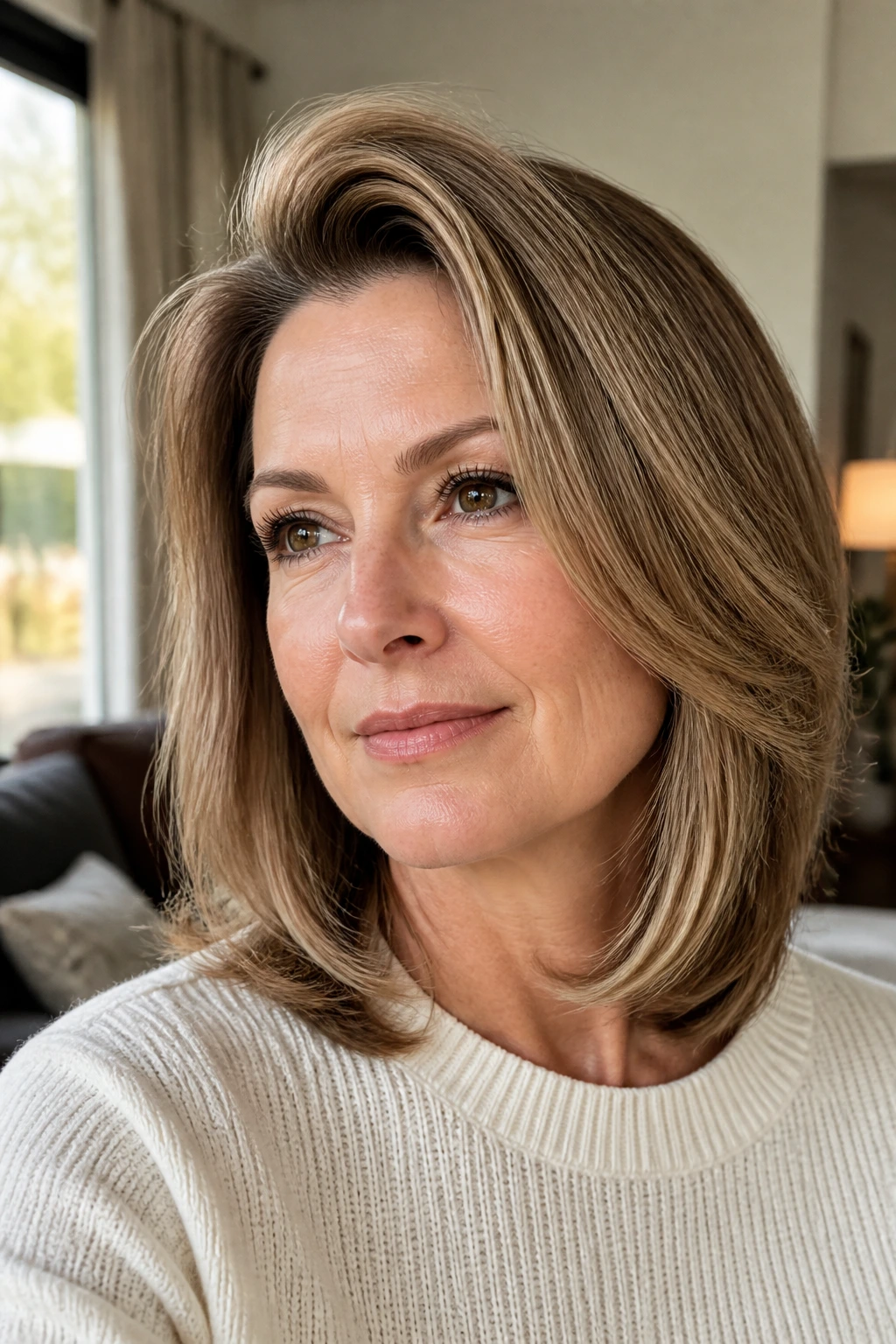 Portrait of a real woman with shoulder-length hair showing a side part and crown lift