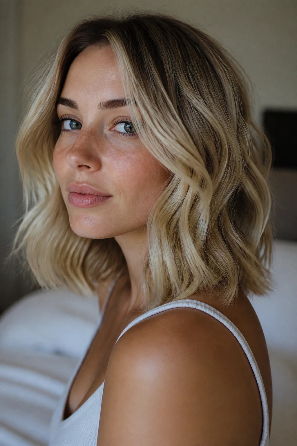 Real woman with soft shoulder-length waves from cheekbone