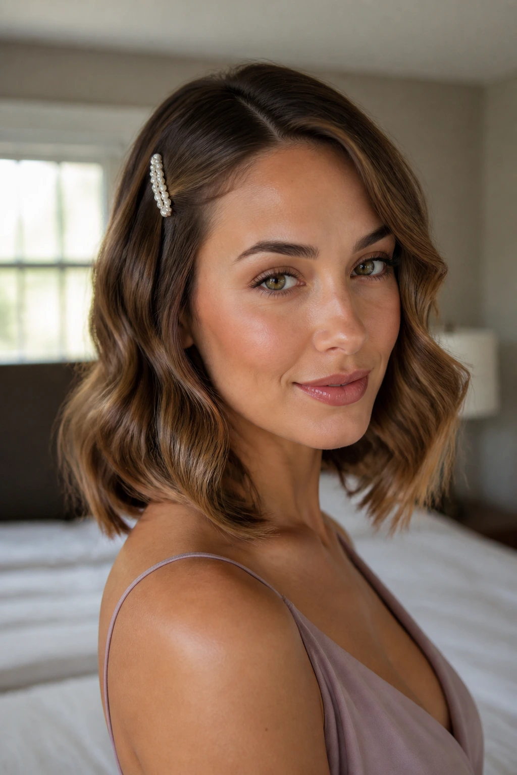 Close-up of a real woman with shoulder-length waves and a barrette at the temple in warm window light.