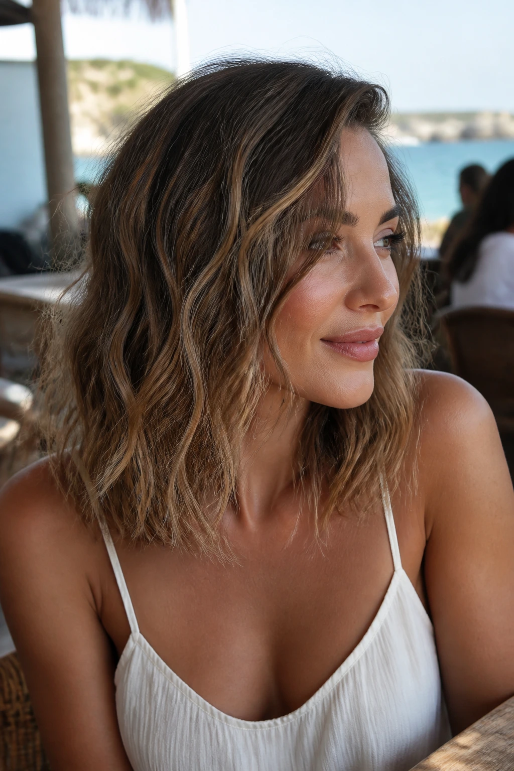 Close-up of a real woman with shoulder-length beachy waves and separated ends by a seaside setting