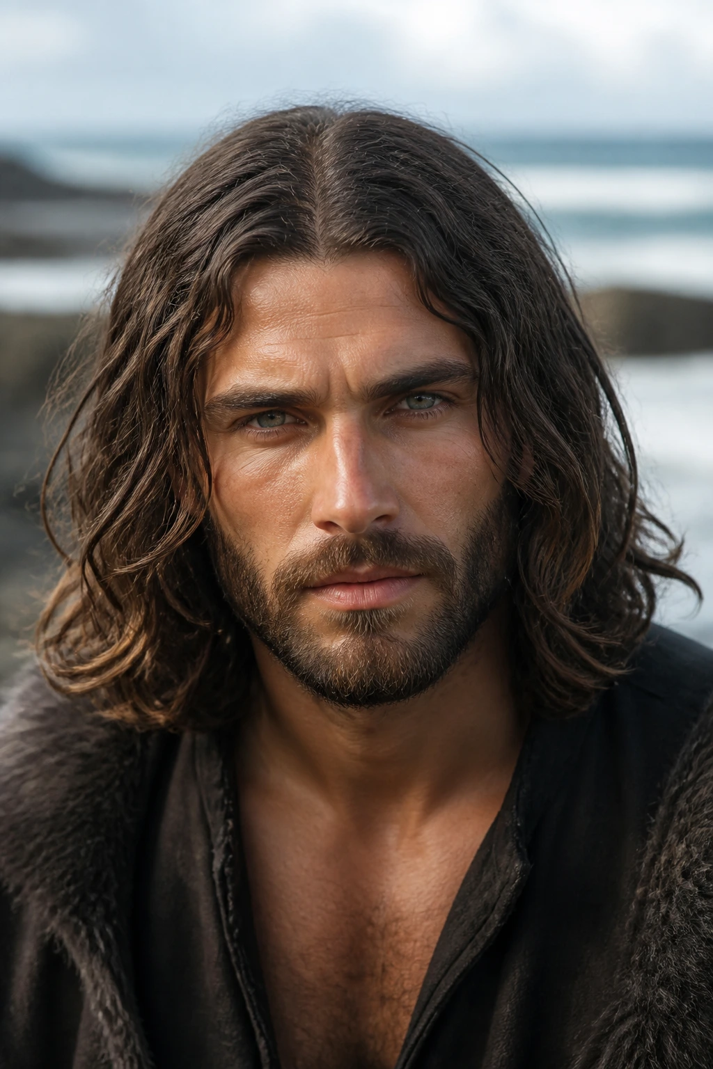 Male model with shoulder-length waves and center part