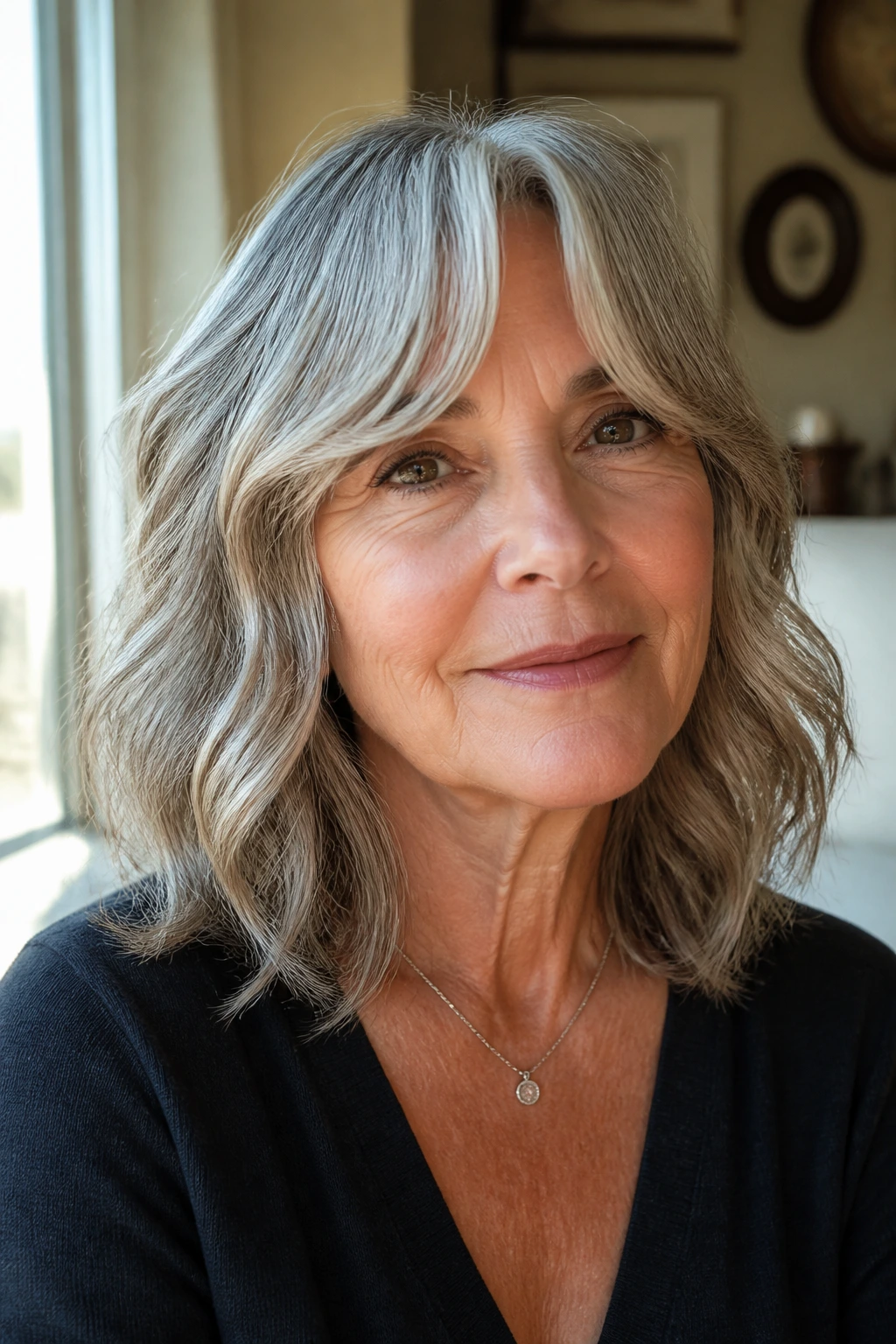Woman with shoulder-length waves and curtain bangs in natural light