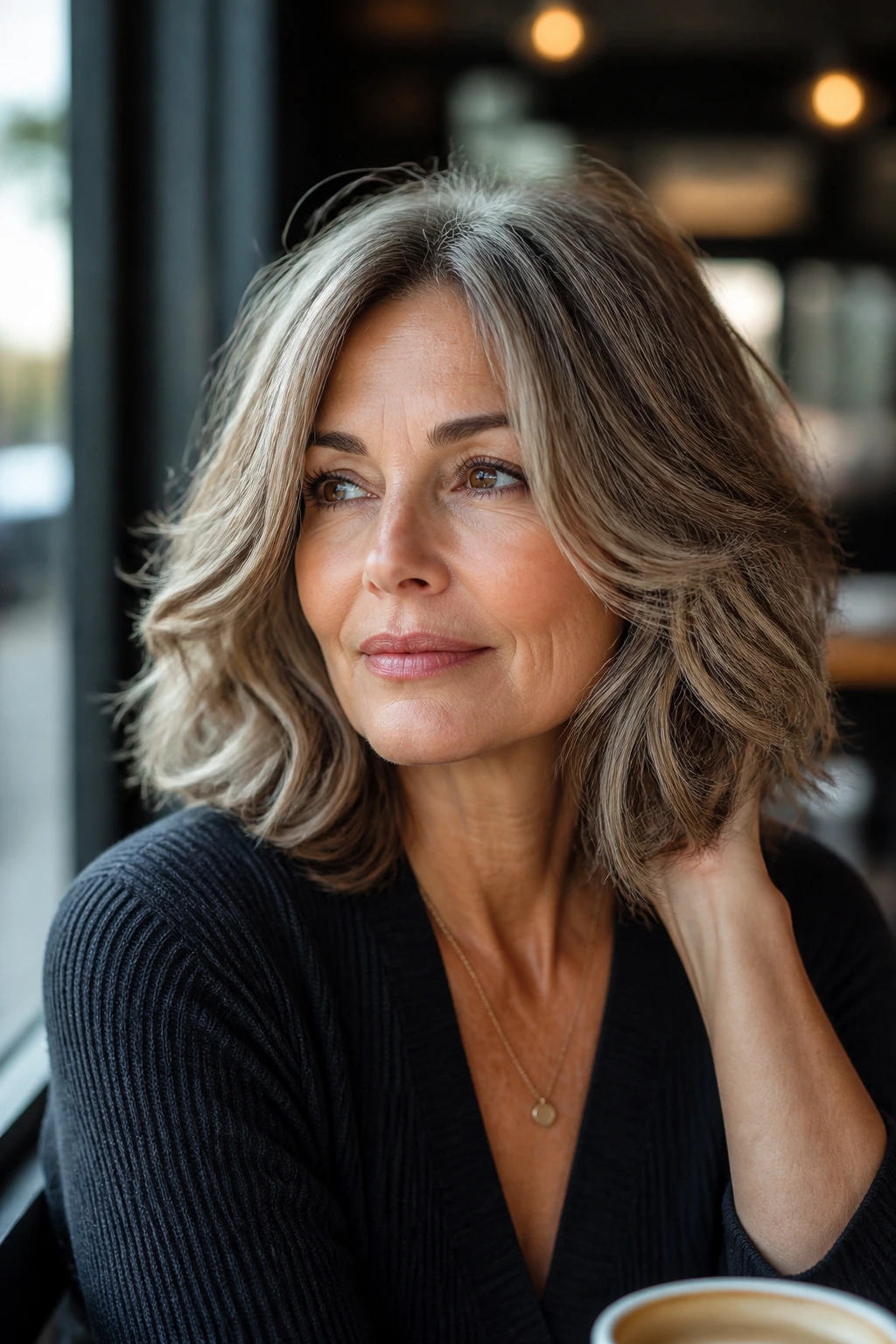 Portrait of a real woman with shoulder-length hair in soft waves and gloss