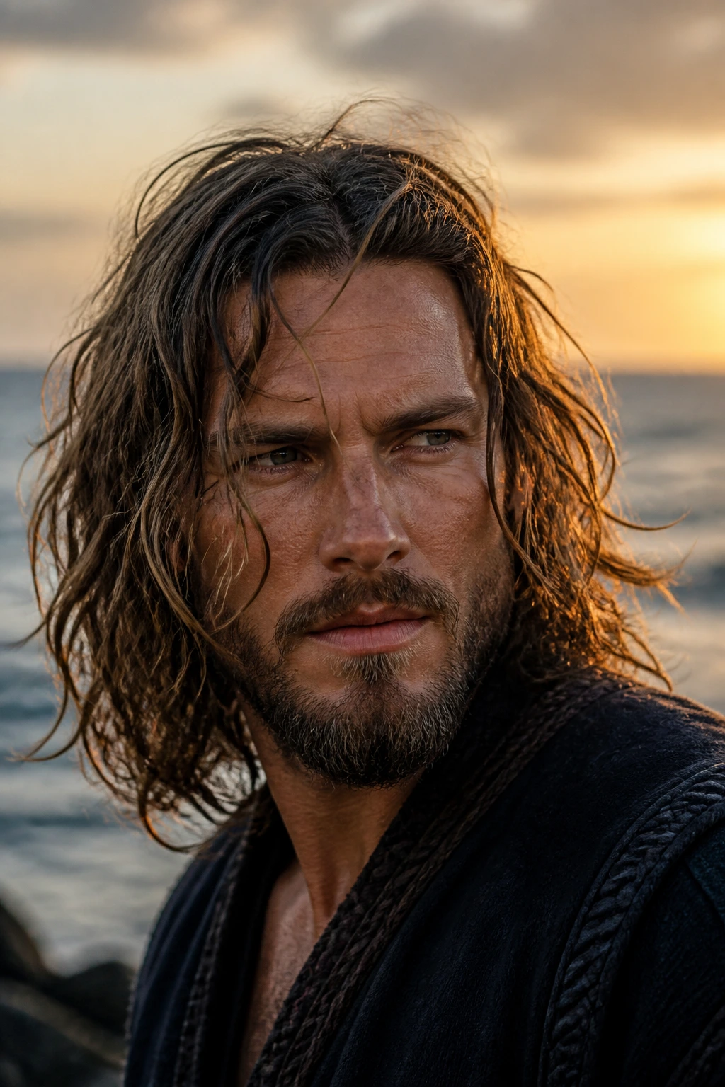 Man with shoulder-length wavy hair on a windy beach