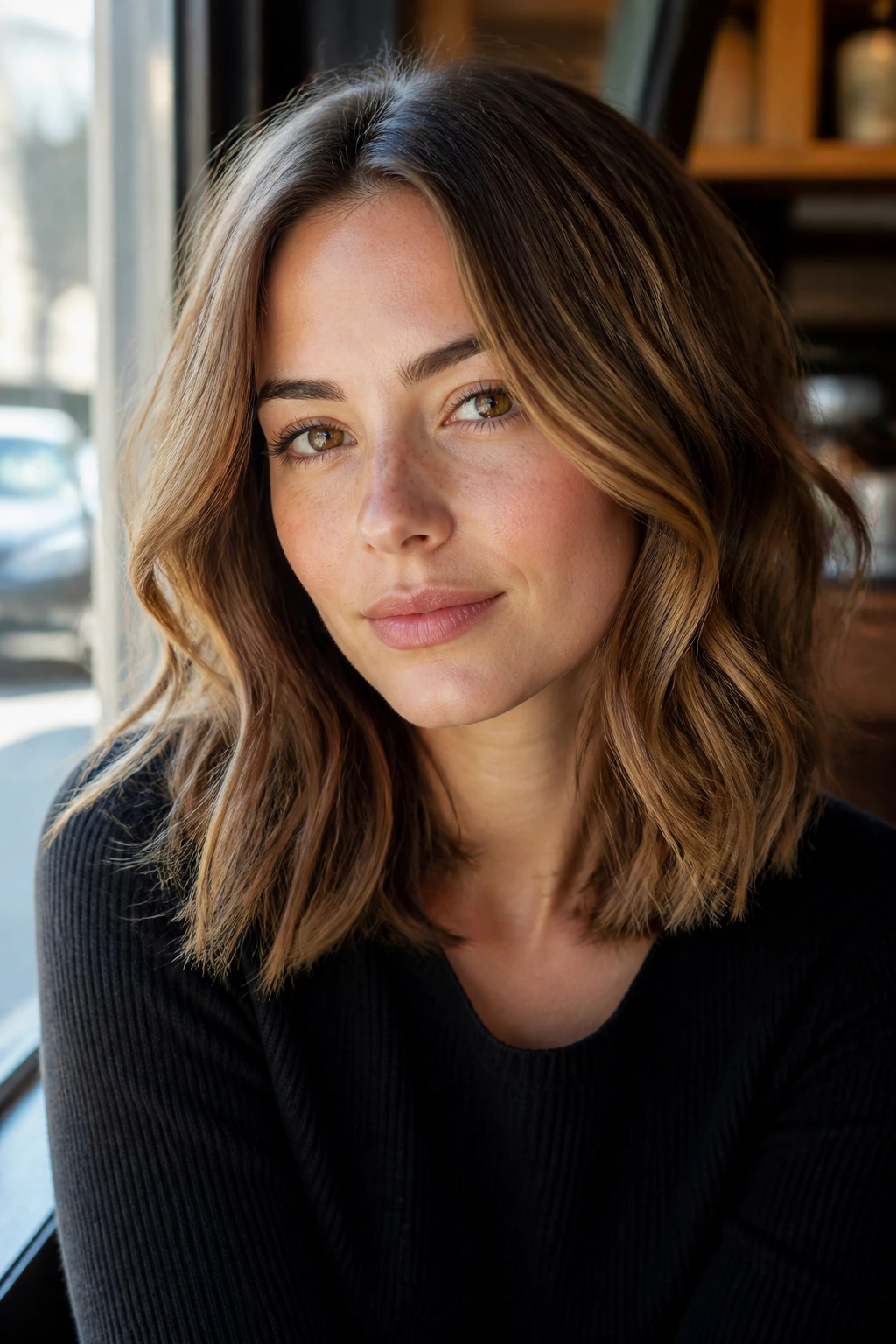 Woman with loose shoulder-length waves in warm window light