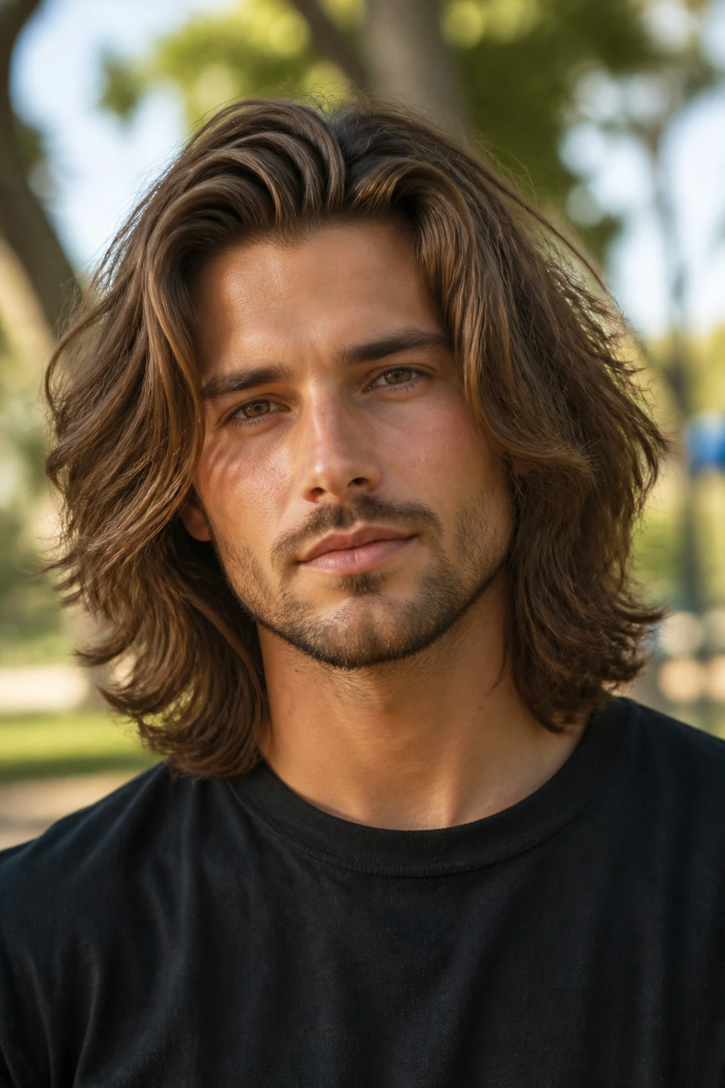 Portrait of a man with shoulder-length layered waves hairstyle.