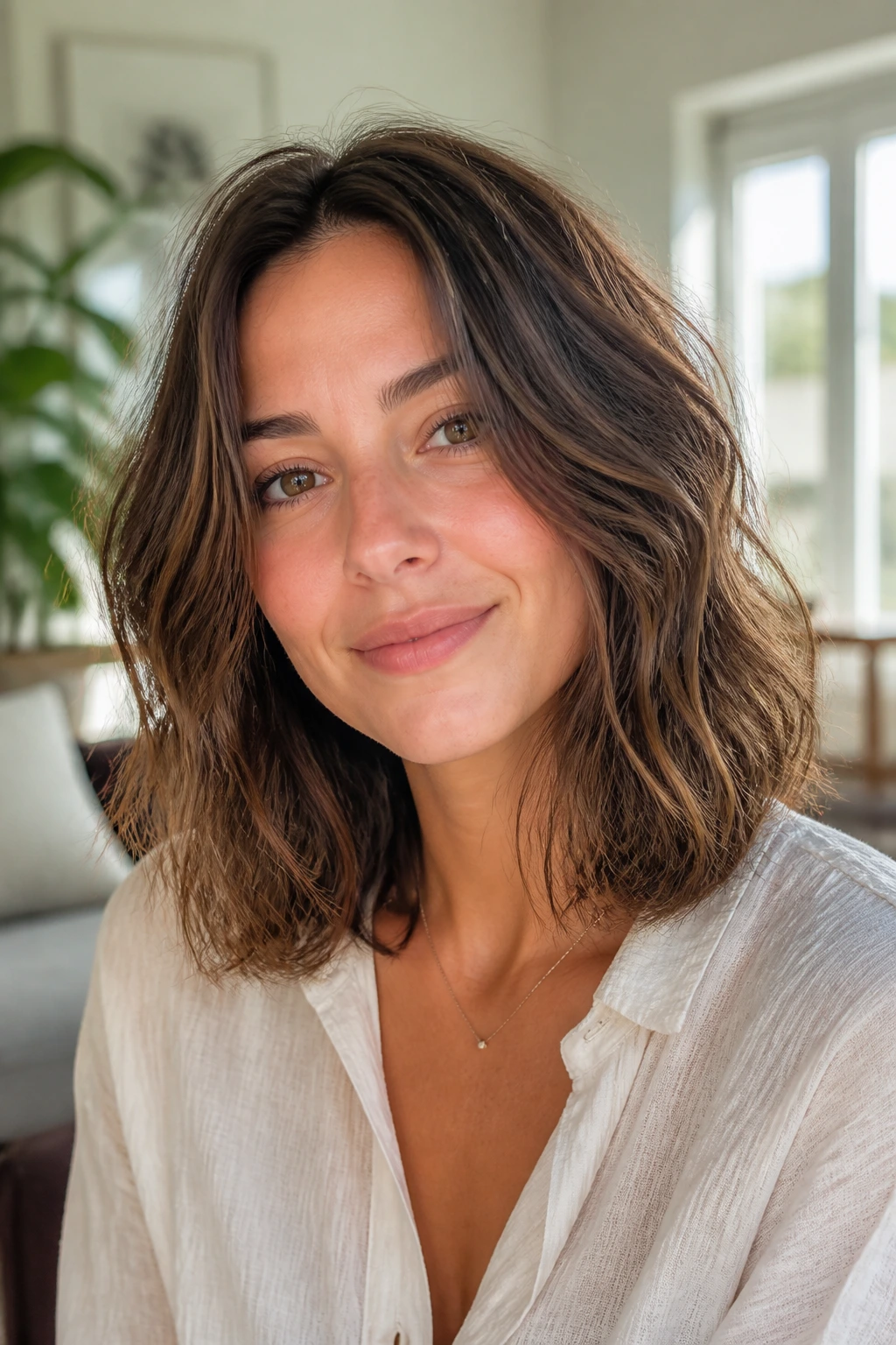 Real woman with shoulder-length waves and internal layers in daylight