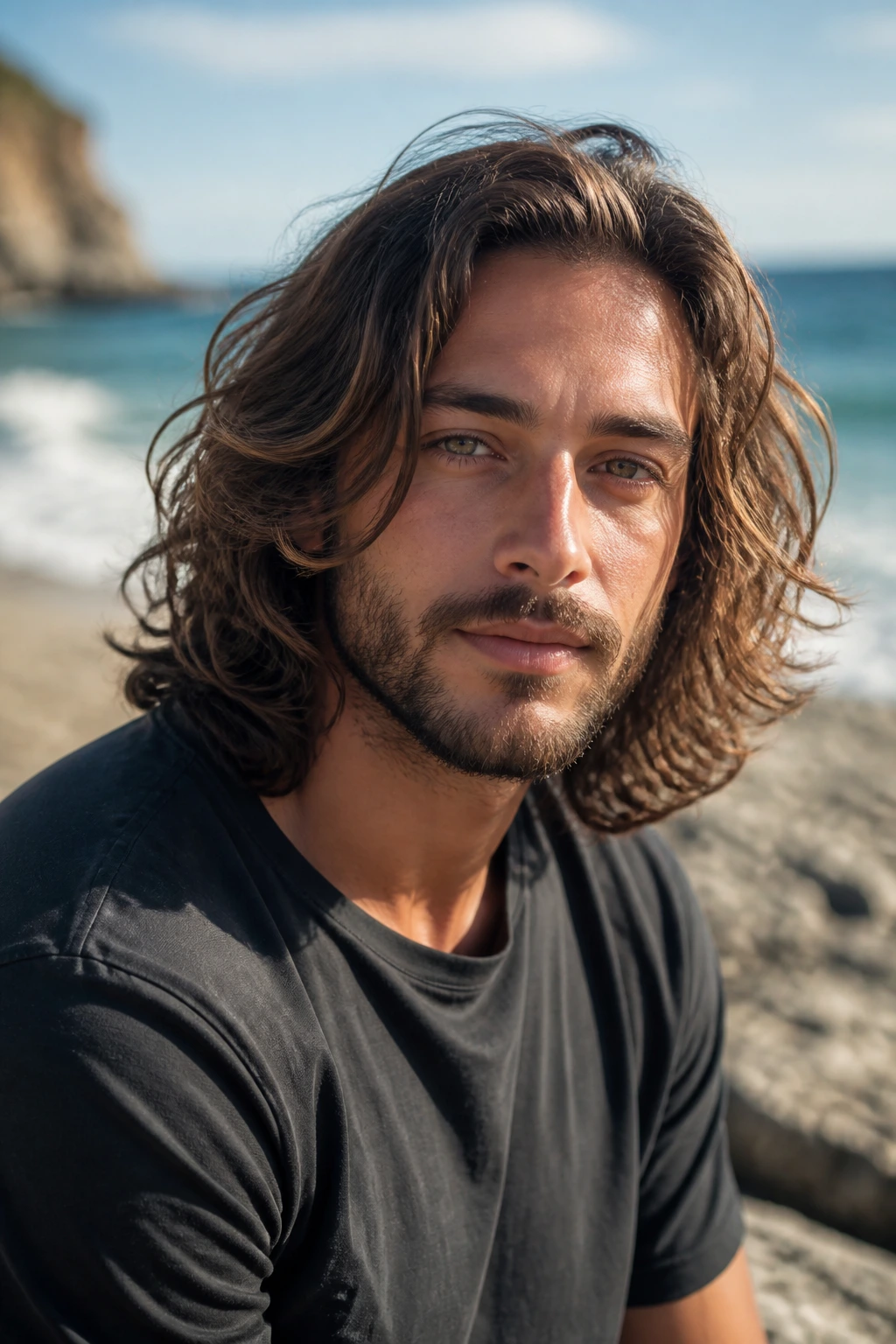 Portrait of a man with shoulder-length layered waves outdoors by the beach
