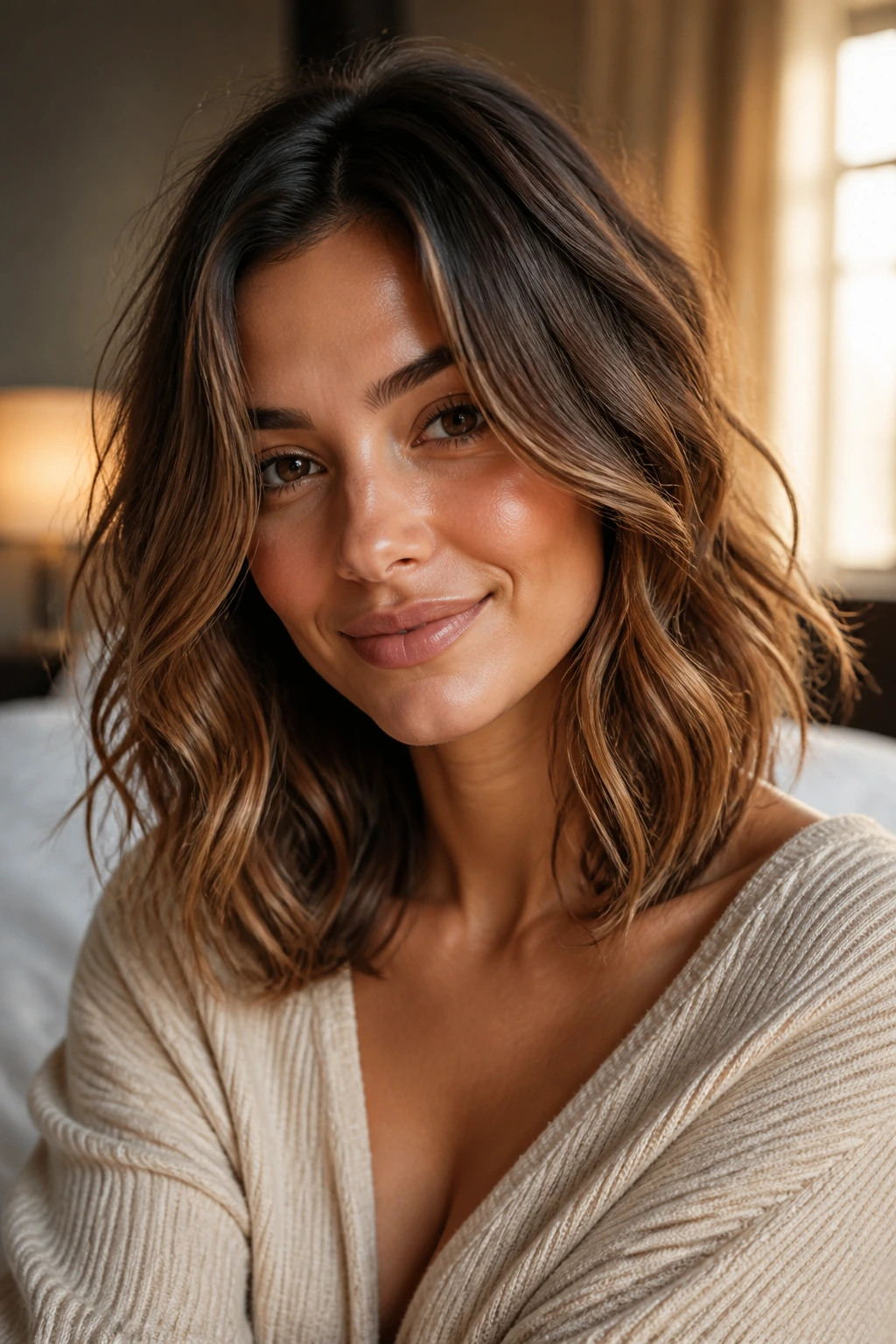 Close-up of a real woman with shoulder-length wavy hair in warm window light