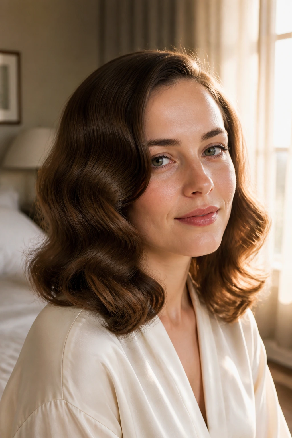 Close-up of a real woman with shoulder-length S-Waves under warm window light.