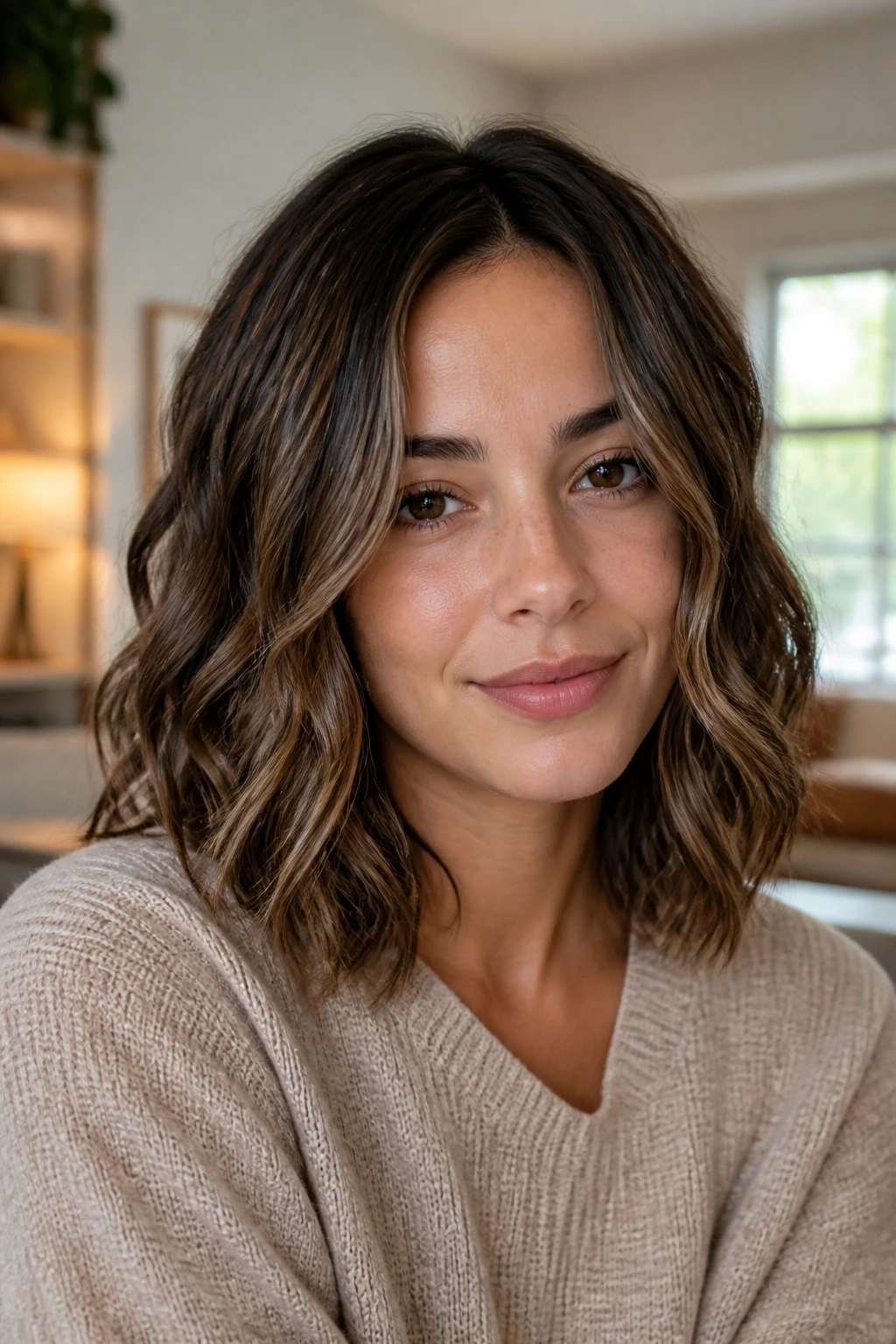 Portrait of a real person with shoulder-length waves highlighting shape and movement