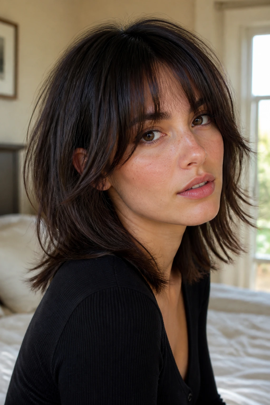 Close-up of shoulder-length wolf cut with face-framing bangs on a real person in warm window light