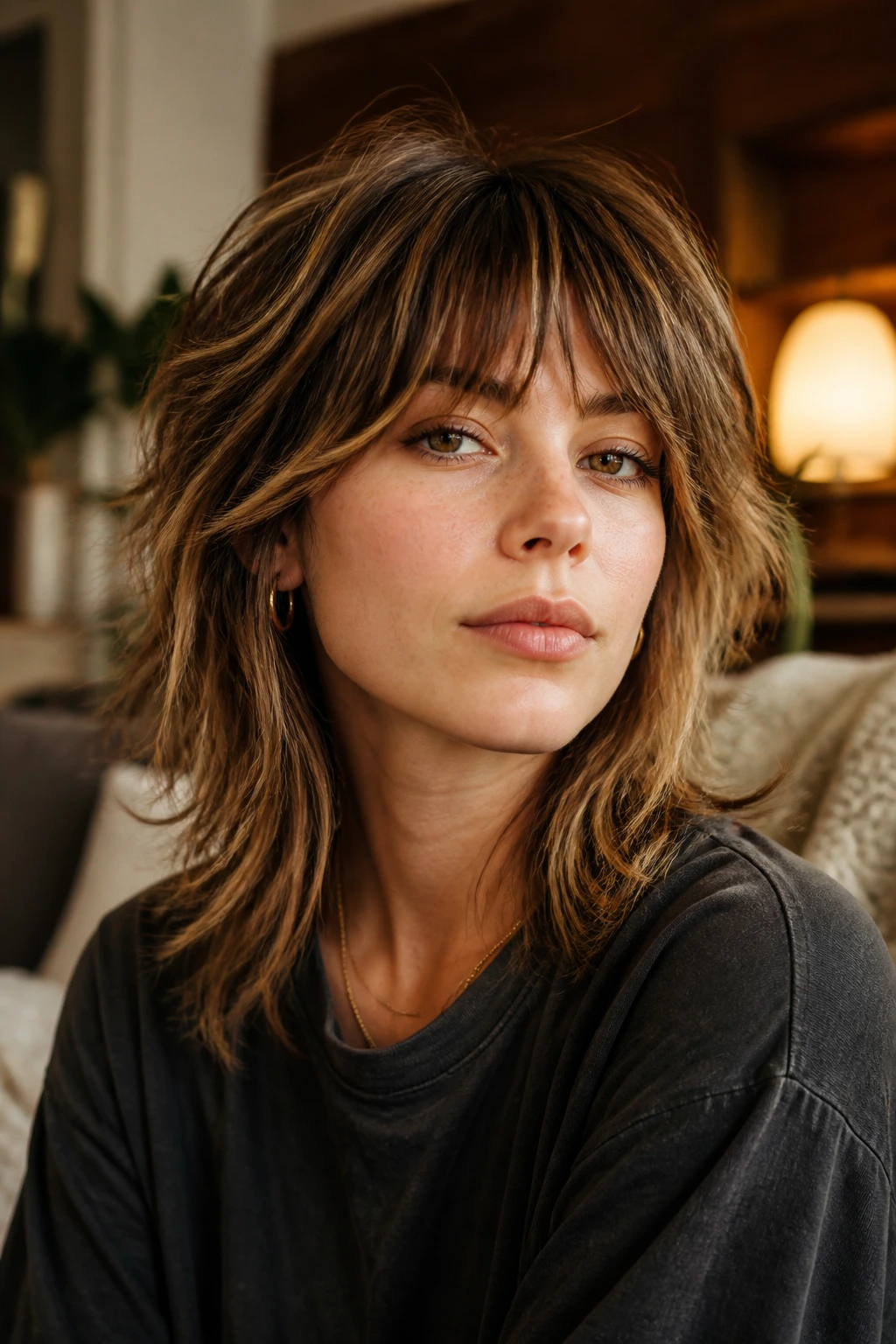 Portrait of real person with shoulder-length wolf cut explaining the shoulder-length zone in a cozy living room setting.