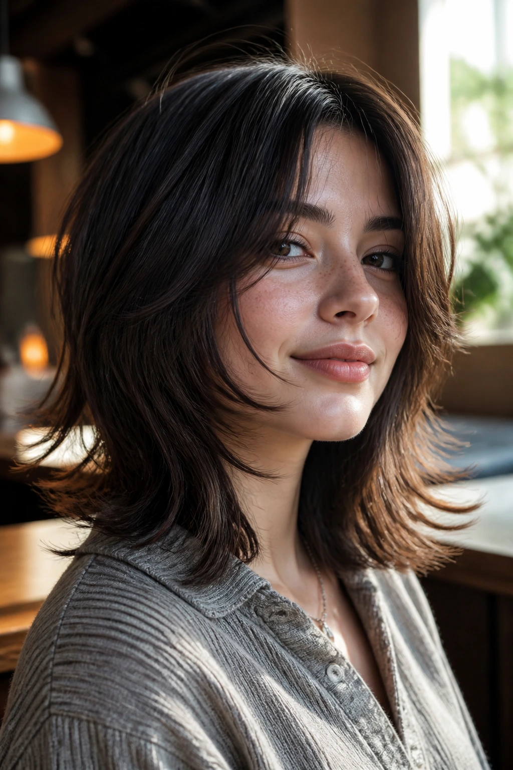 Portrait of a person with a shoulder-length wolf cut and flipped ends