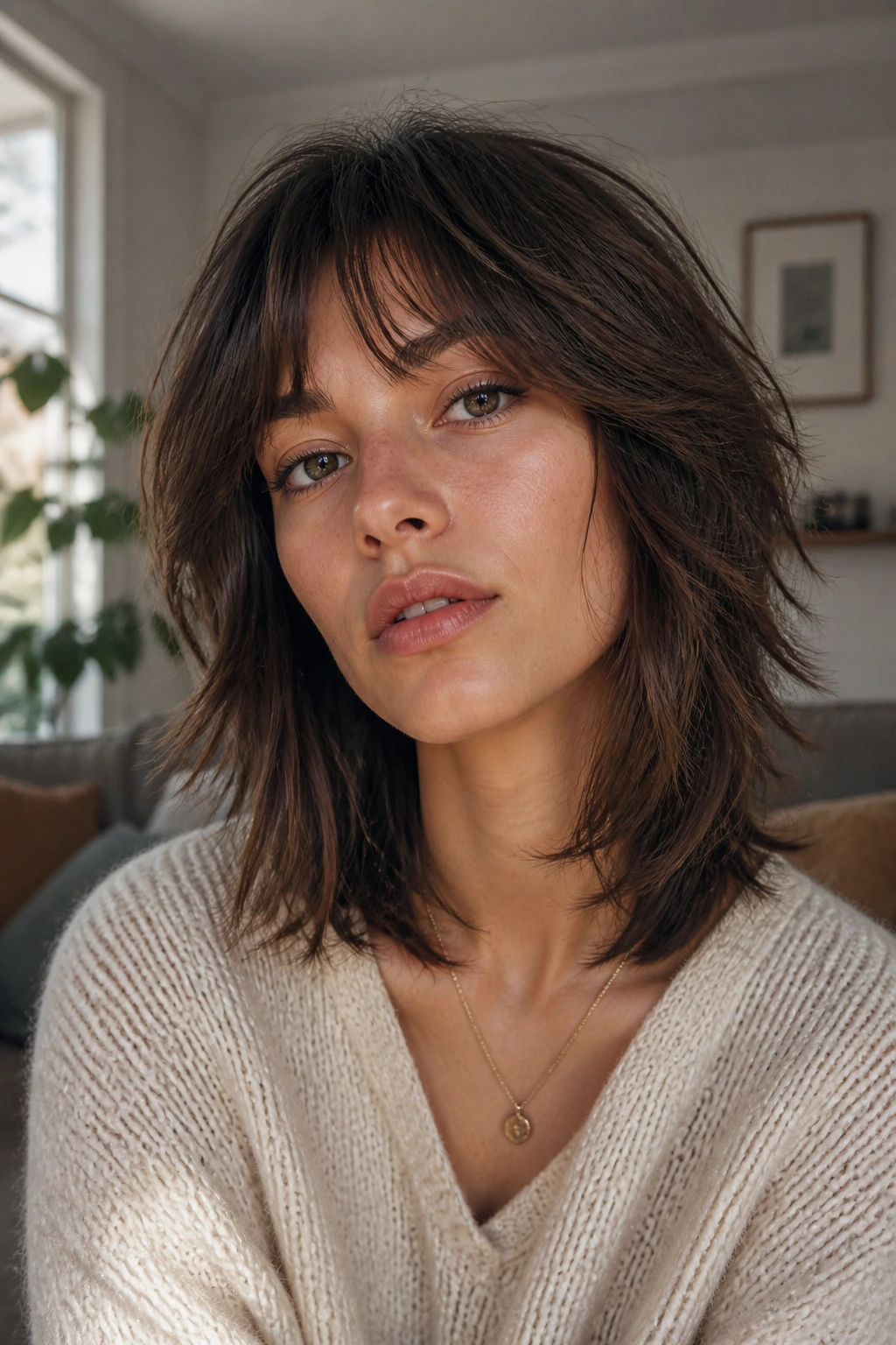 Close-up portrait of a real person with shoulder-length wolf cut showing crown lift and airy layers