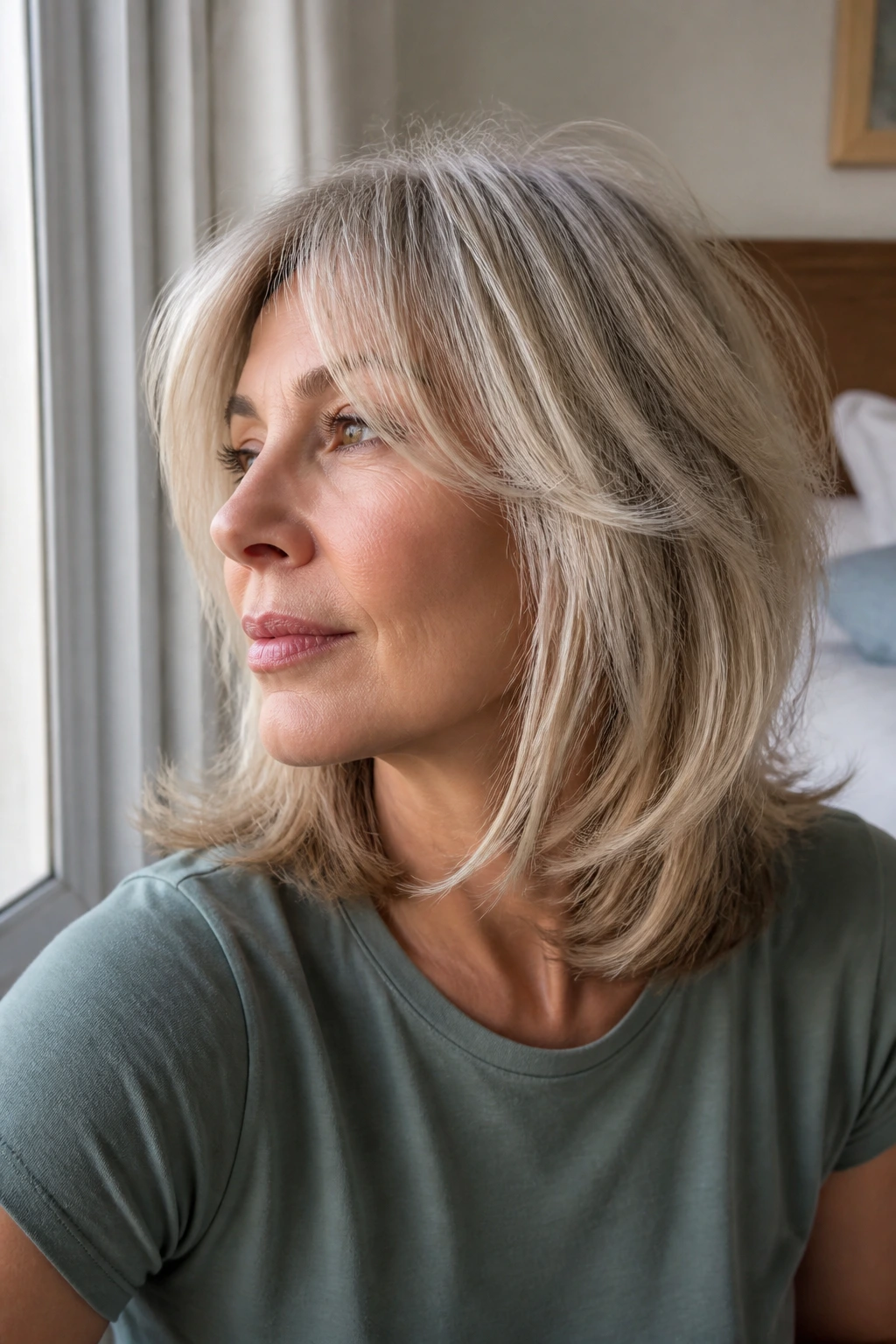 Close-up of a real woman with shoulder-skimming shag and flicked ends in natural light